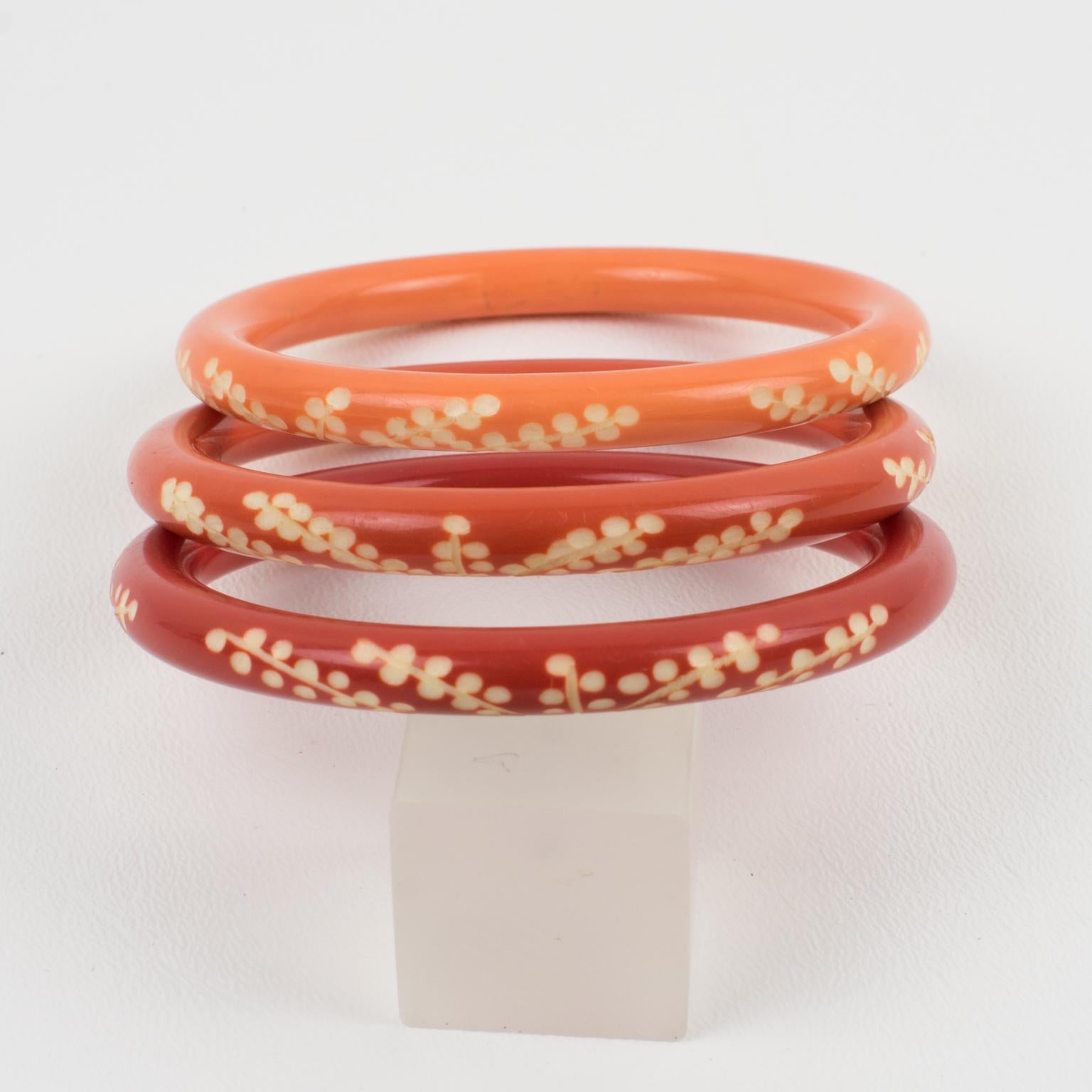 Women's or Men's Galalith Carved Spacer Bracelet Bangle Orange Variation Trio For Sale