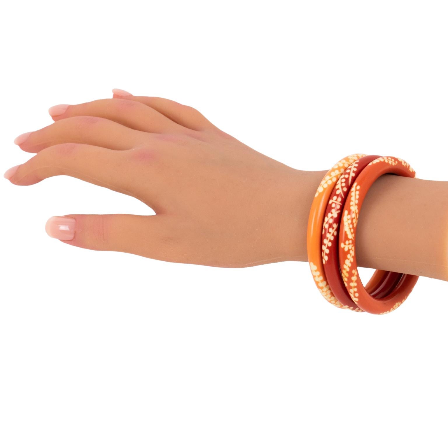 Galalith Carved Spacer Bracelet Bangle Orange Variation Trio For Sale 1