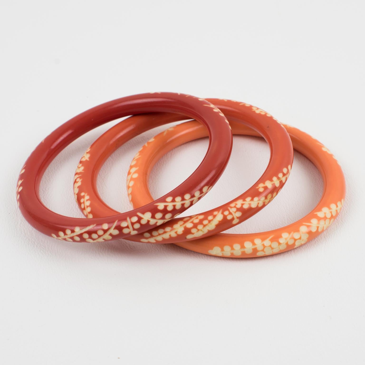 Galalith Carved Spacer Bracelet Bangle Orange Variation Trio For Sale 2