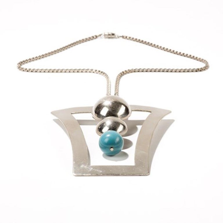 Collier Art Déco Jakob Bengel En Métal Argenté & Galalithe Kaki – Allemagne Années 1930