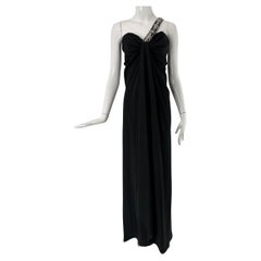 Galanos 1970s Black Crepe Jewel Strap Goddess Evening Gown with Deep Hem Vent