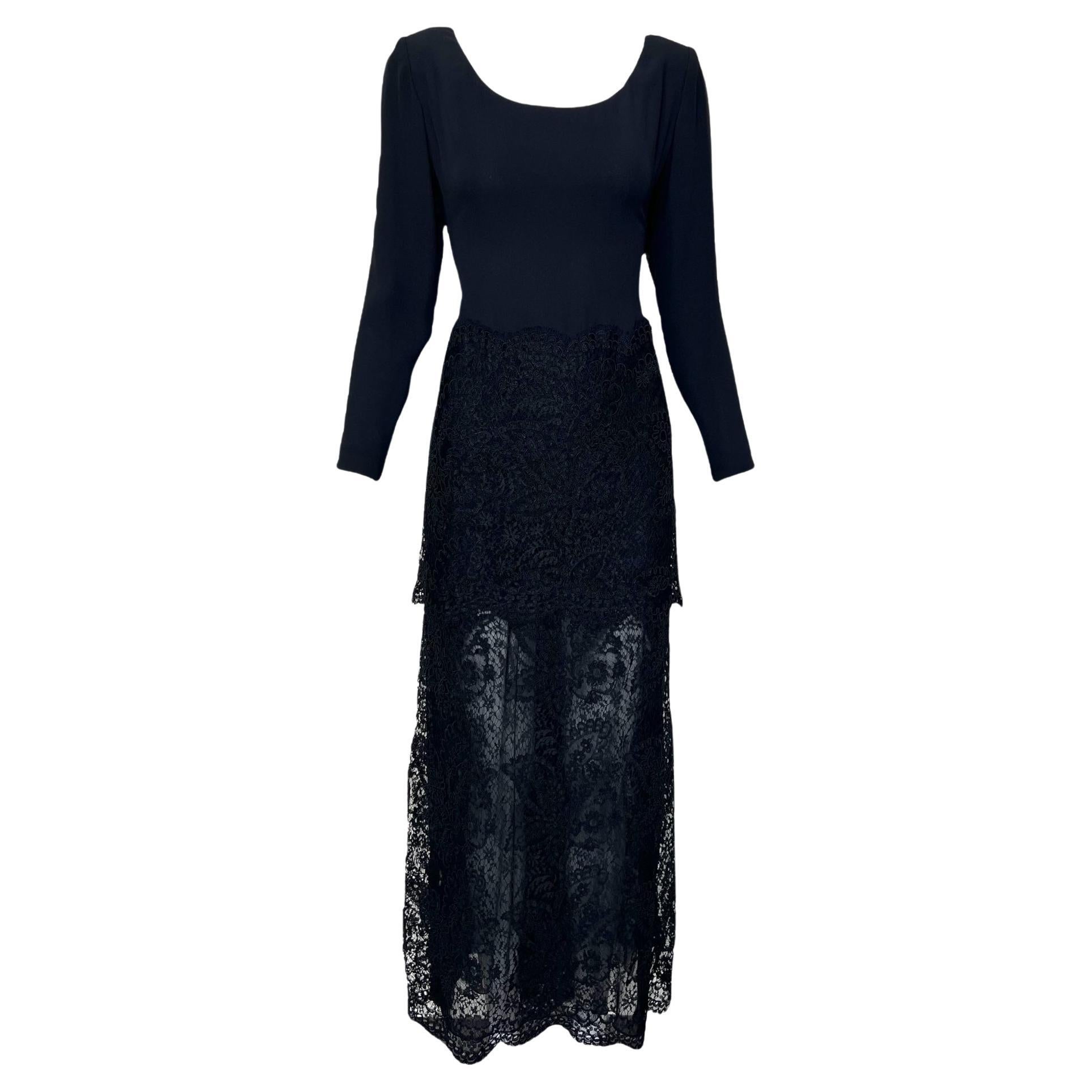 GALANOS - Robe en dentelle guipure noire à volants, années 1980 en vente