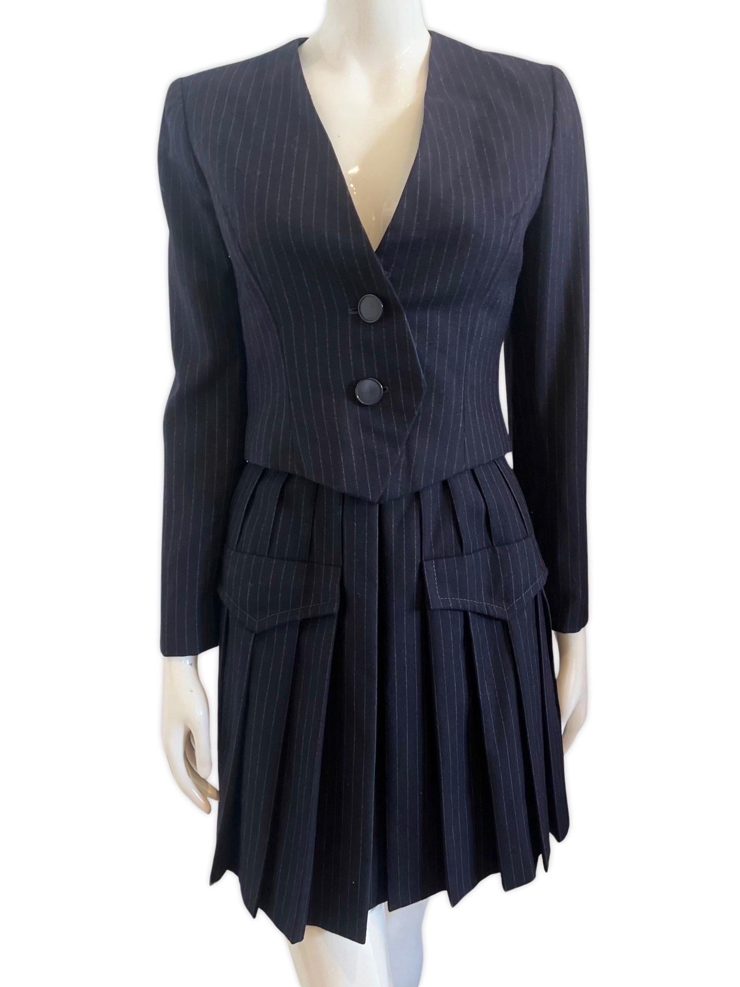 1980s Galanos Pin Stripe Wool Skirt Suit In Excellent Condition For Sale In Miami, FL