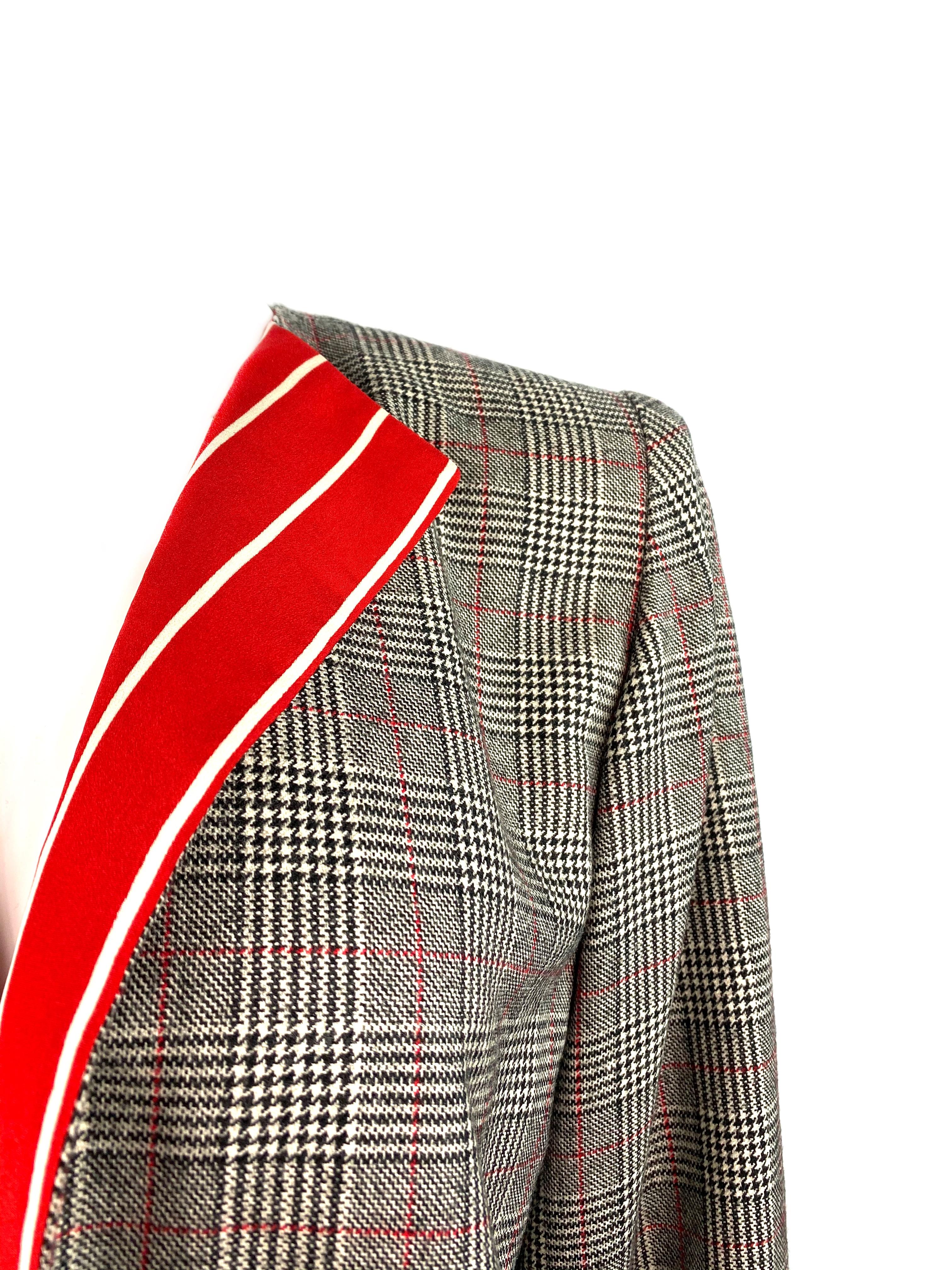Galanos Amen Wardy Grey and Red Check Plaid Jacket  In Excellent Condition For Sale In Beverly Hills, CA