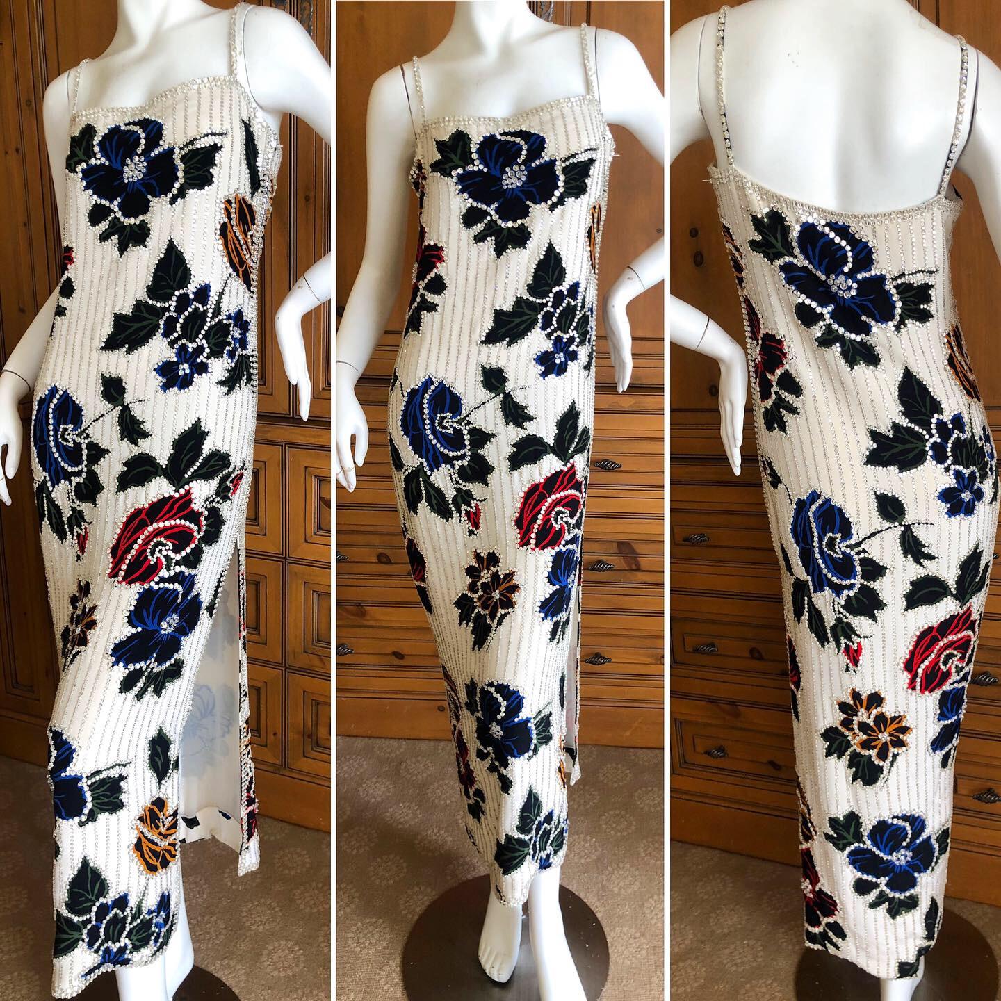 James Galanos Applique Silk Floral Swarovski Crystal Trimmed Dress and Shawl 
This is so beautiful, entirely embellished with crystals, it has a high side slit.
 Size Small, no size label
 Bust 34