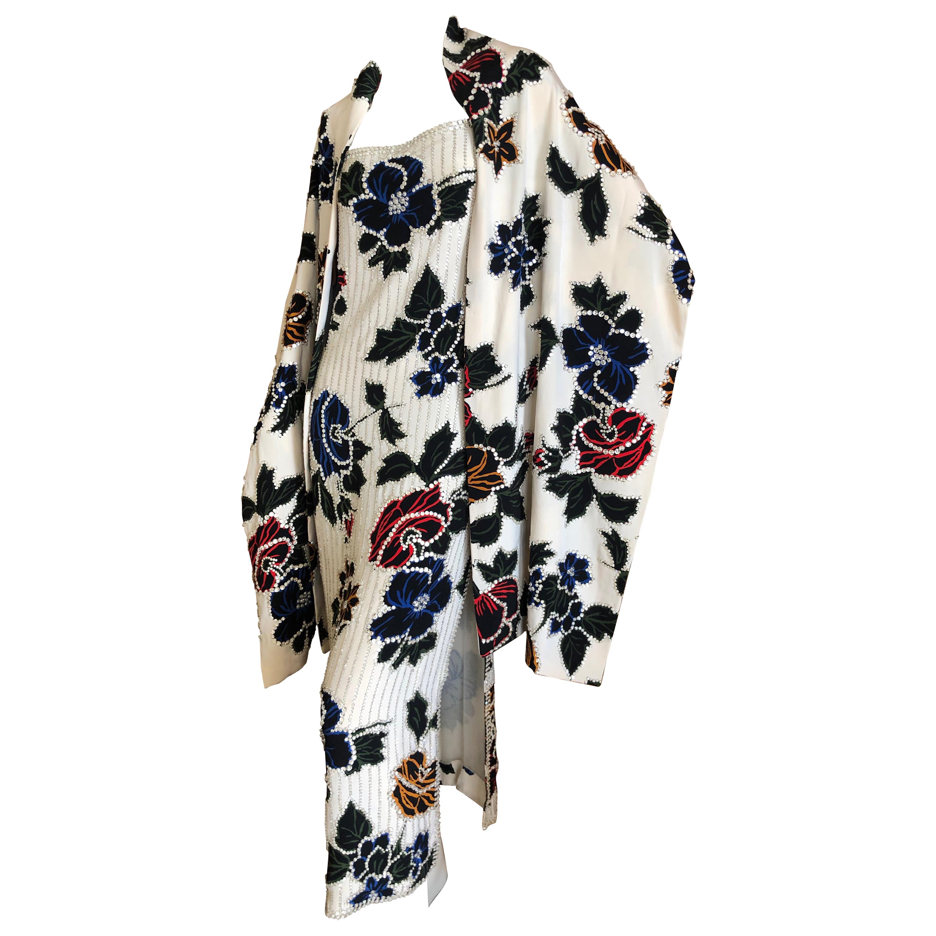 Galanos Applique Silk Floral Dress and Shawl with Swarovski Crystal Details For Sale