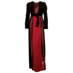 Galanos Black 
Red Long Sleeve Sequin Gown