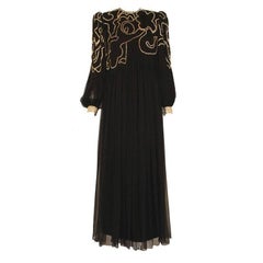 GALANOS Black Silk Chiffon Sheer Gown with Rhinestone Accent Cuffs Size Large