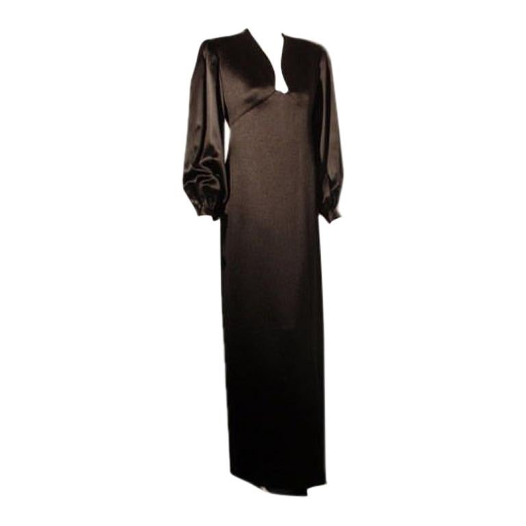 GALANOS  Black Silk Gown with Structured Shoulder and Blouson Sleeve, 1990's For Sale