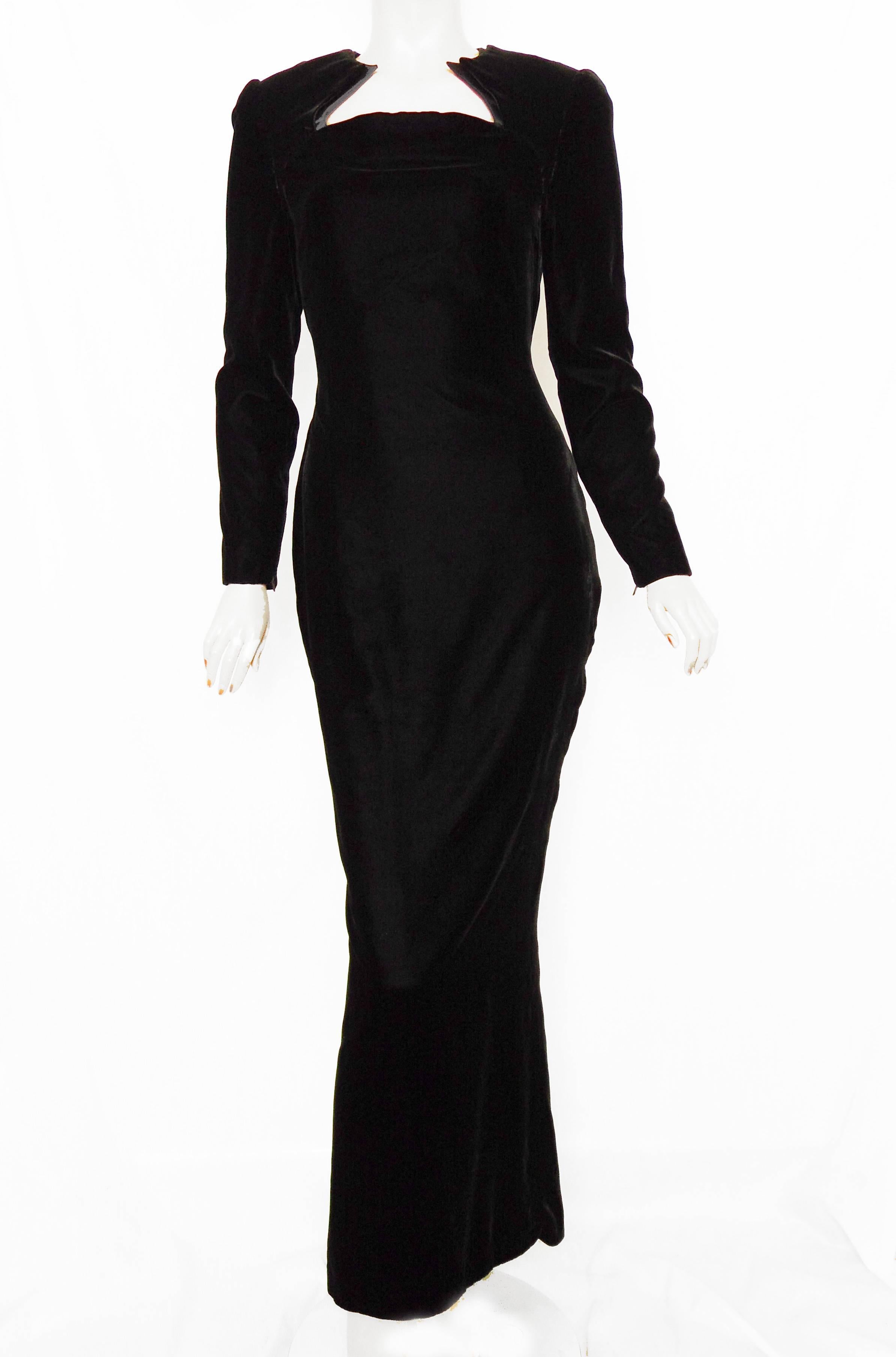 Women's Galanos Evening Gown Black Velvet Formal Long Dress Sculptural Collar