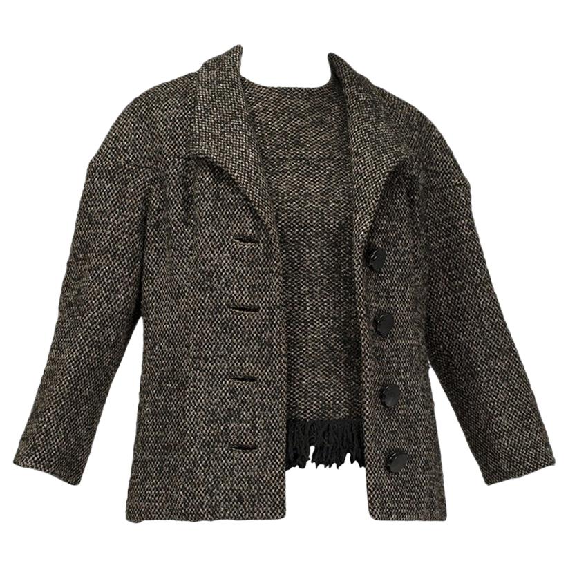 Chanel-Inspired Galanos Brown Tweed Jacket and Matching Fringed Shell - M, 1980s