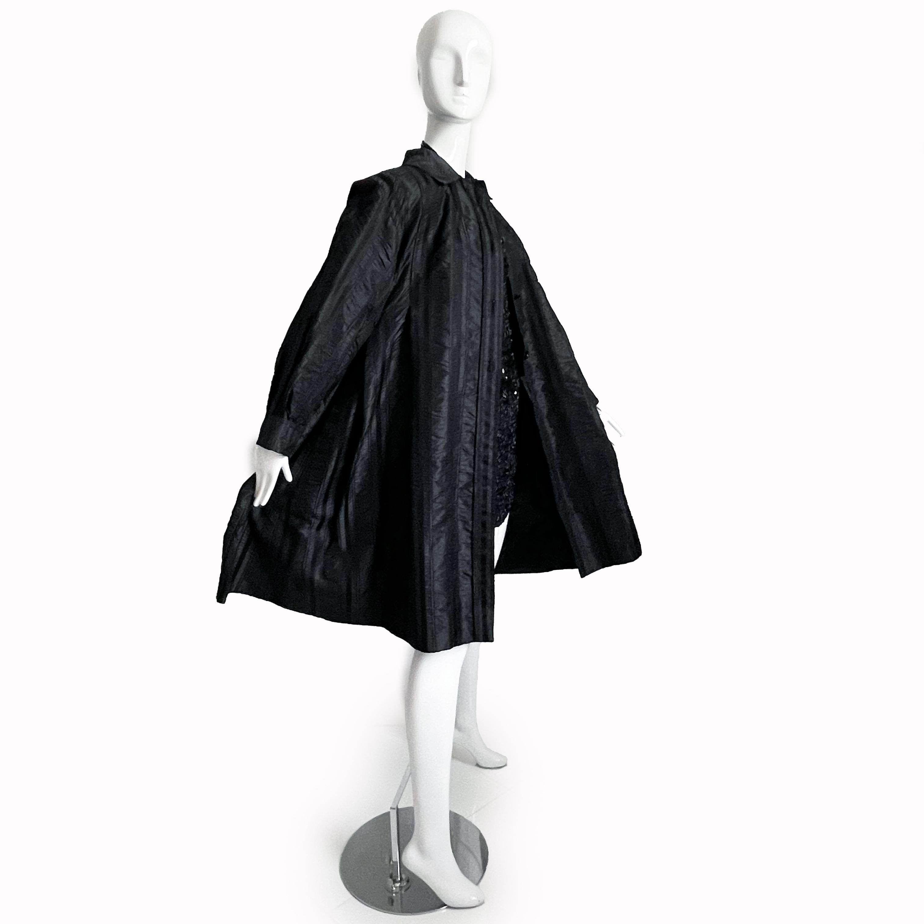 Women's or Men's Galanos Coat Swing Style Evening Wear Black Stripe Satin Vintage Neiman Marcus M For Sale