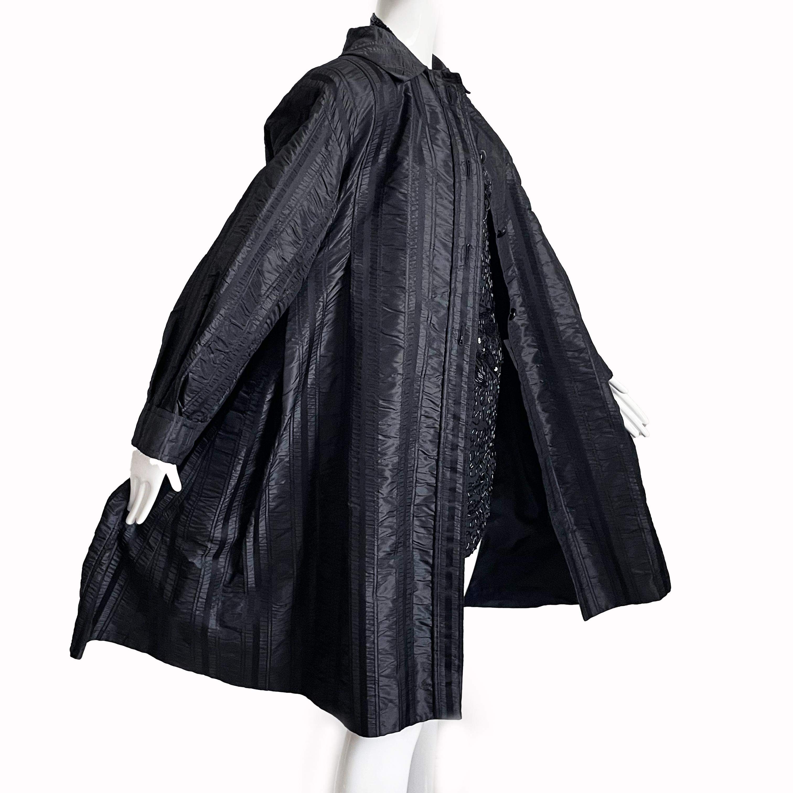 Galanos Coat Swing Style Evening Wear Black Stripe Satin Vintage Neiman Marcus M For Sale 1