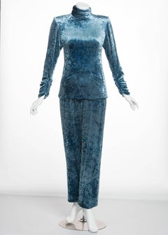 Galanos Couture Blue Velvet Evening Tunic Top Pants Suit, 1980s