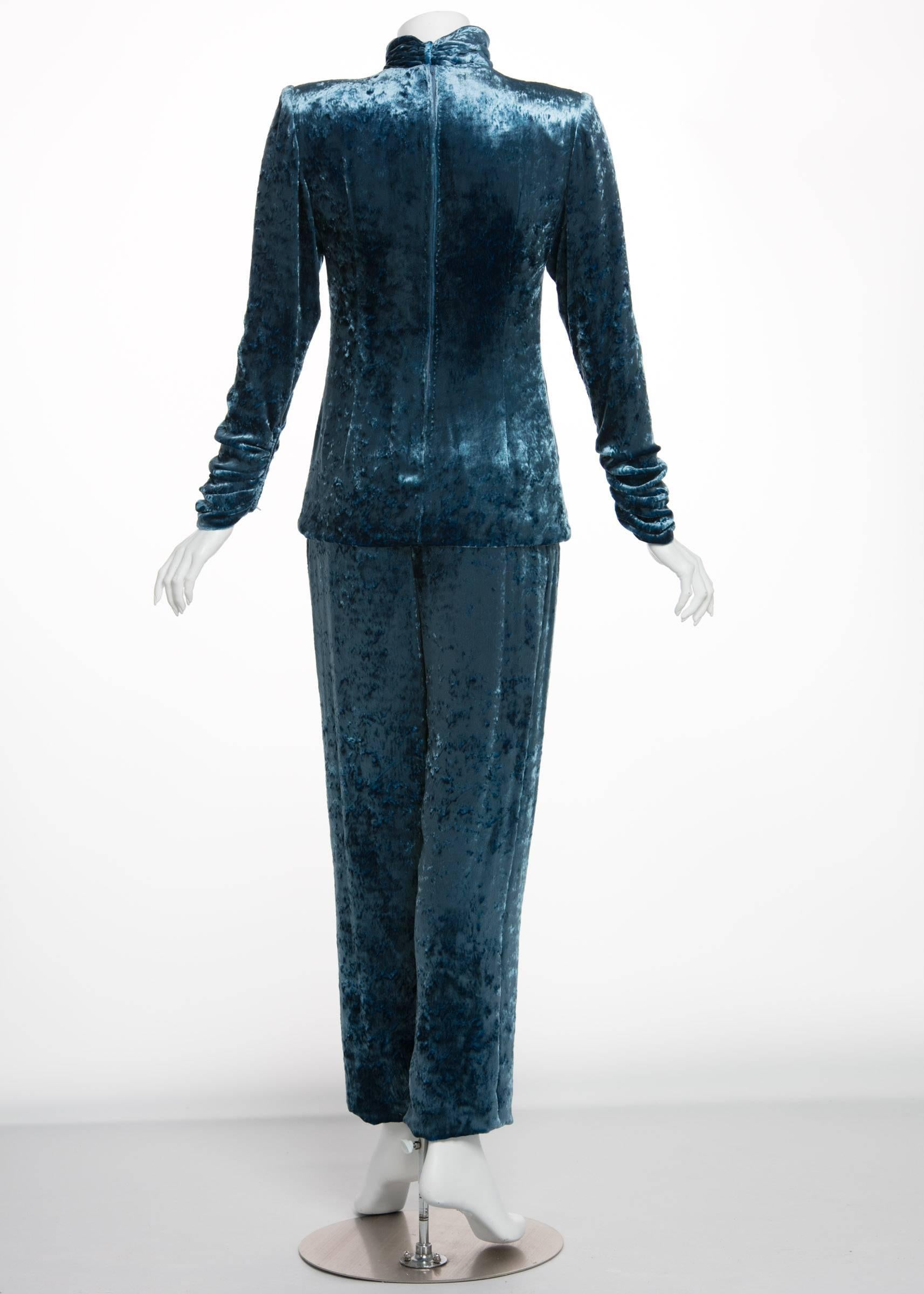 Galanos Couture Blue Velvet Evening Tunic Top Pants Suit, 1980s For Sale 1