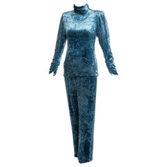 Galanos Couture Túnica de noche de terciopelo azul Traje de pantalón, años 80