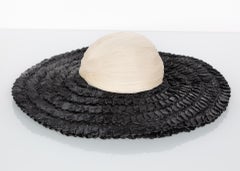 Galanos Couture Ivory Silk Black Raffia Hat
