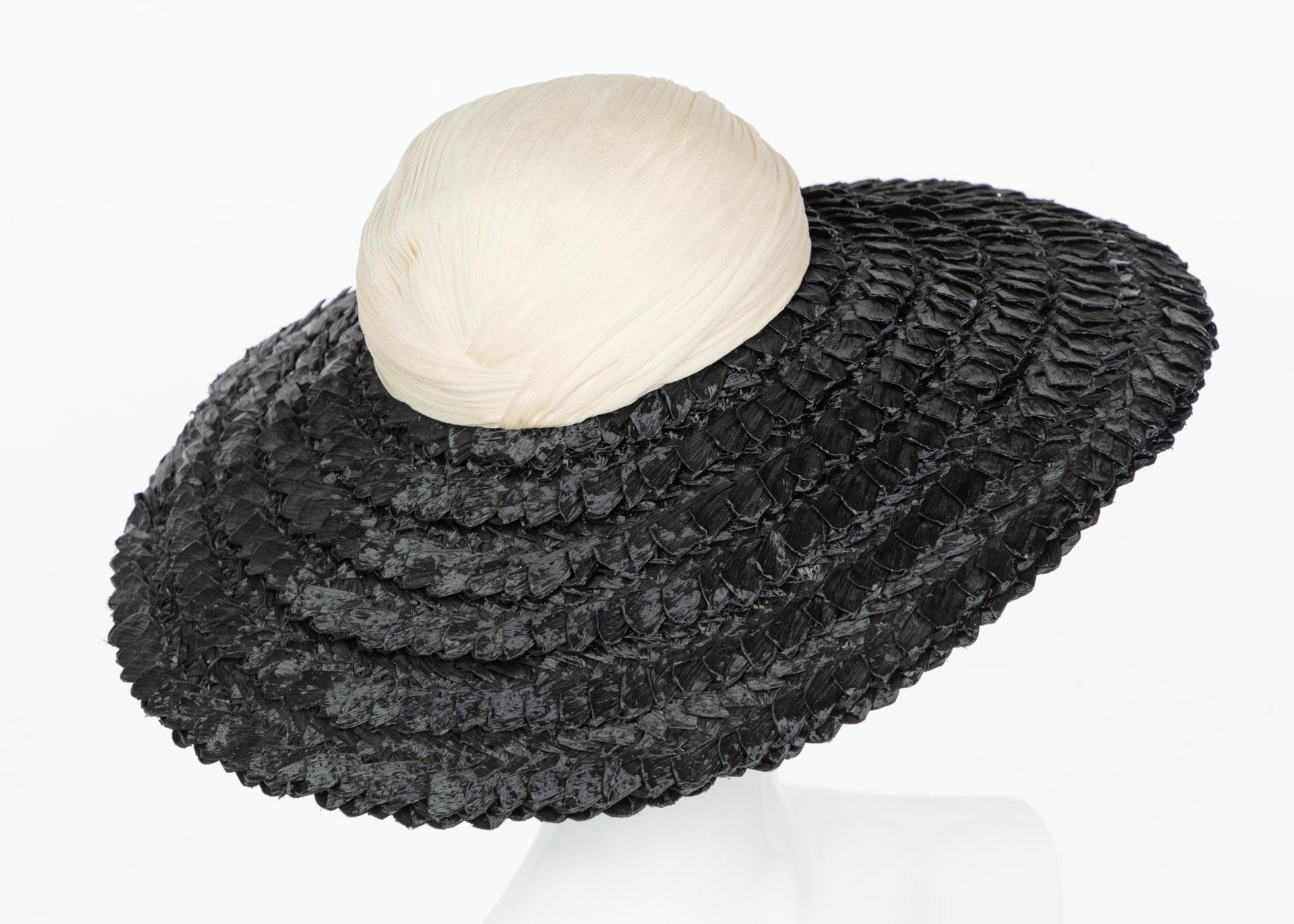 Galanos Couture Ivory Silk Black Raffia Hat In Excellent Condition For Sale In Boca Raton, FL