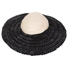 Vintage Galanos Couture Ivory Silk Black Raffia Hat