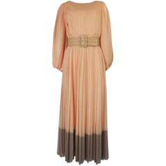 Galanos Couture Pleated Peach and Taupe Silk Chiffon Dress, Circa 1961
