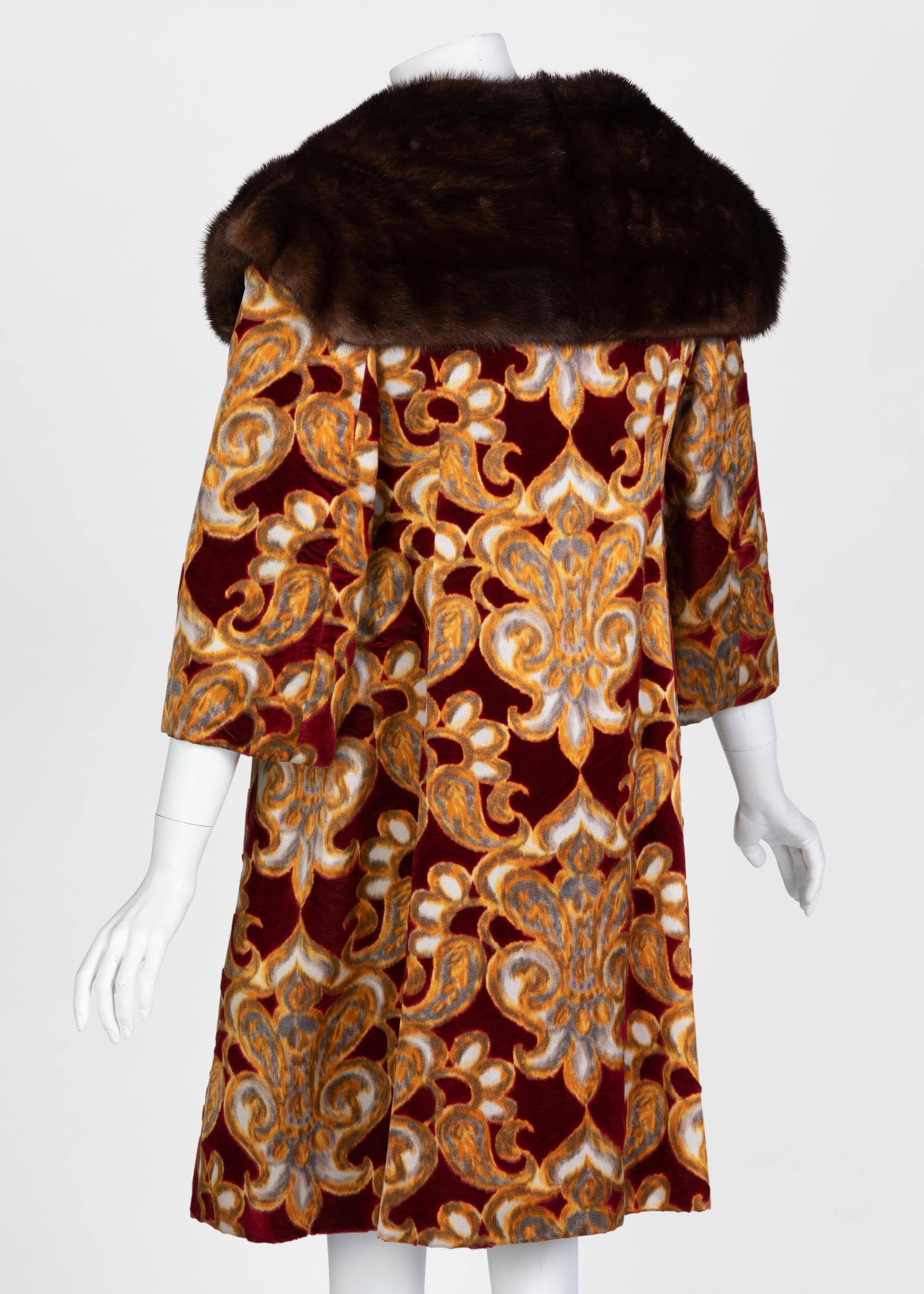Galanos Couture Red Gold Velvet Fur Trimmed Coat & Dress Ensemble, 1982 For Sale 2