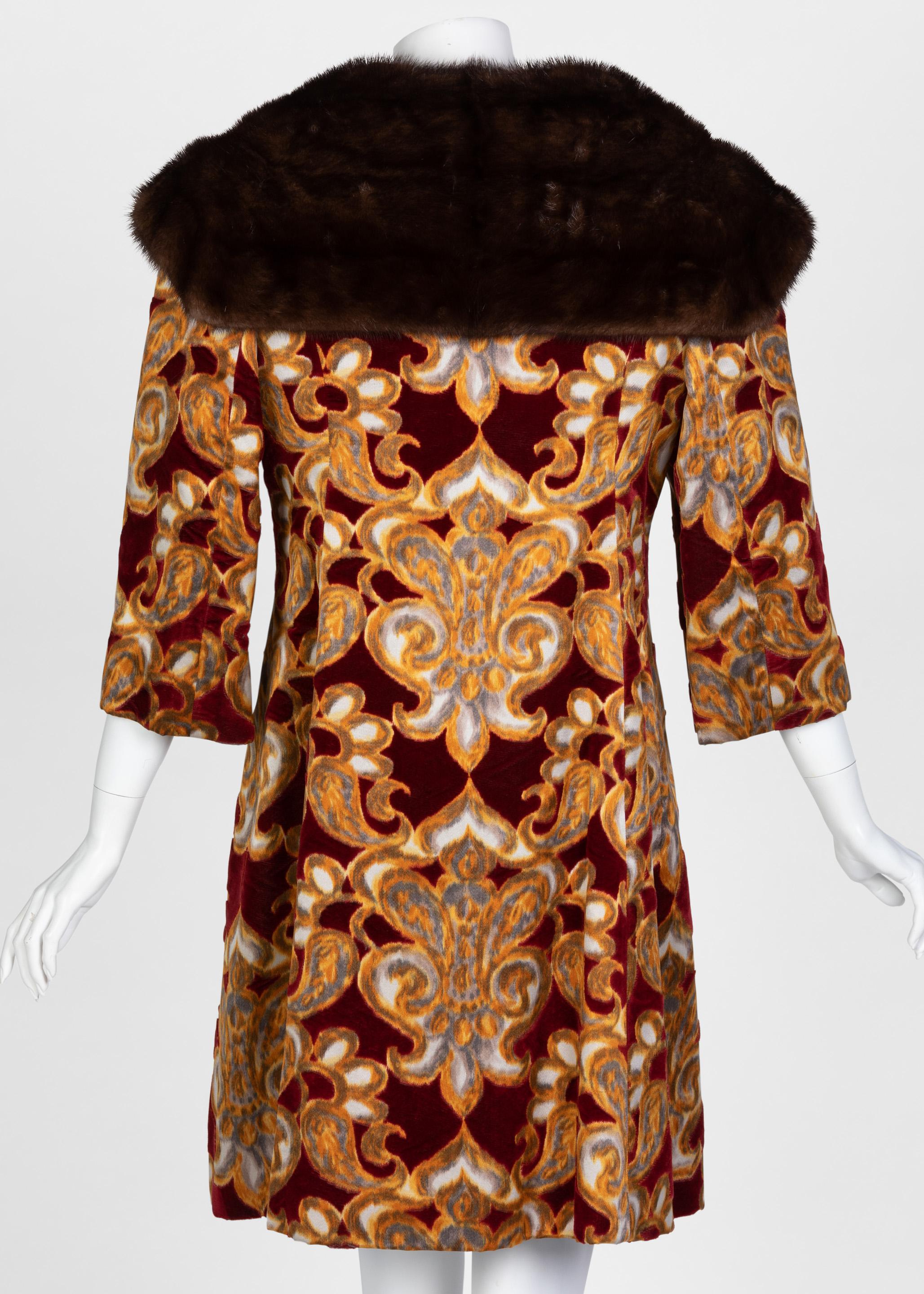 Galanos Couture Red Gold Velvet Fur Trimmed Coat & Dress Ensemble, 1982 For Sale 3