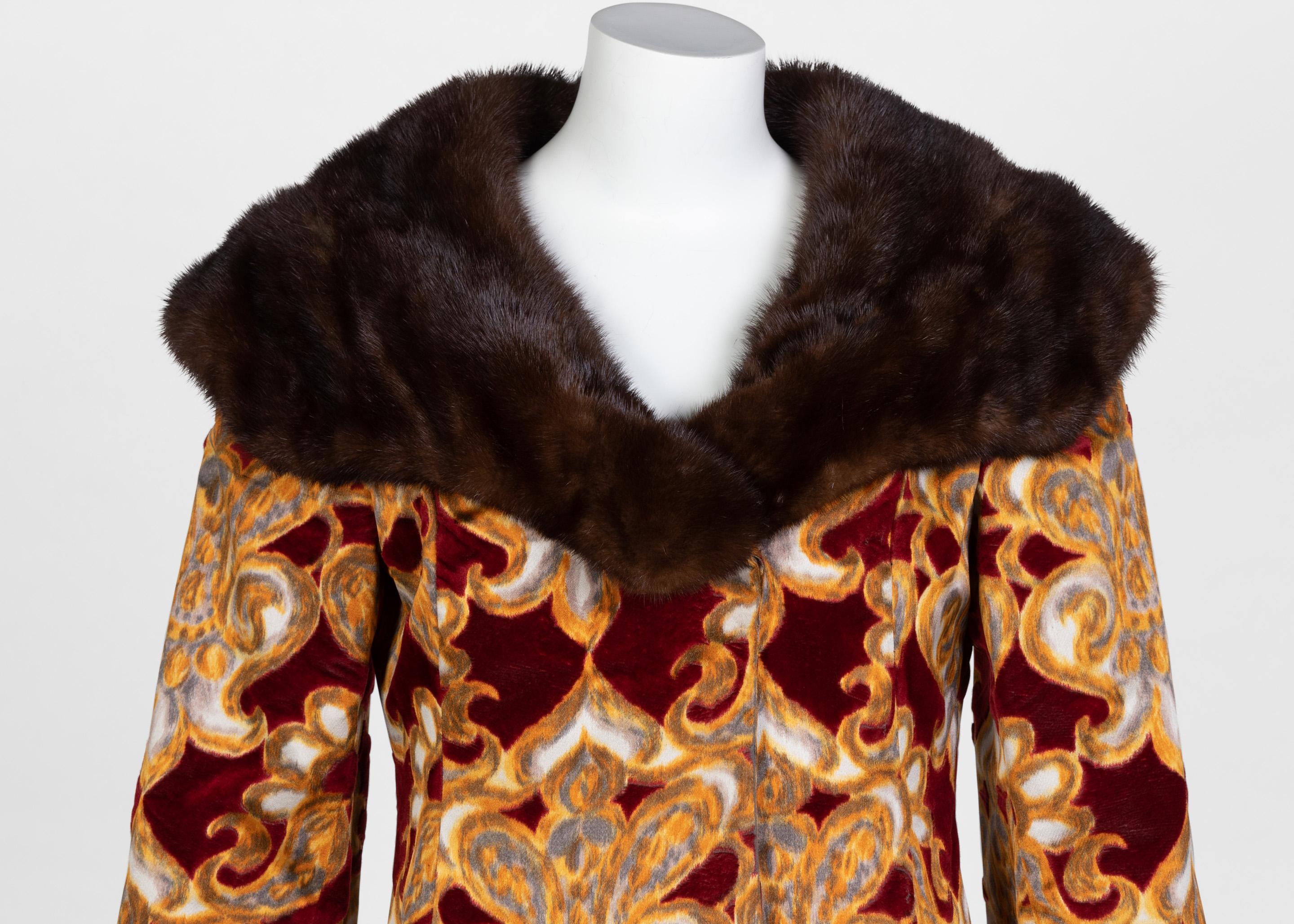 Galanos Couture Red Gold Velvet Fur Trimmed Coat & Dress Ensemble, 1982 For Sale 4