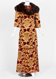Galanos Couture Red Gold Velvet Fur Trimmed Coat & Dress Ensemble, 1982