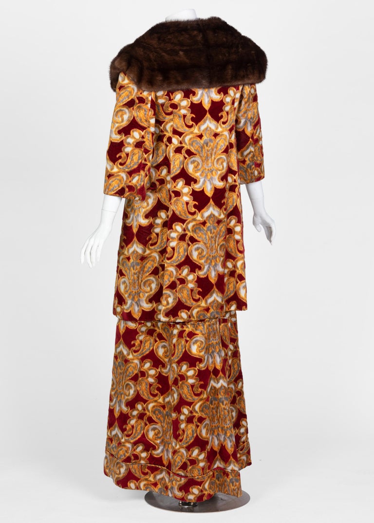 Galanos Couture Red Gold Velvet Fur Trimmed Coat and Dress Ensemble