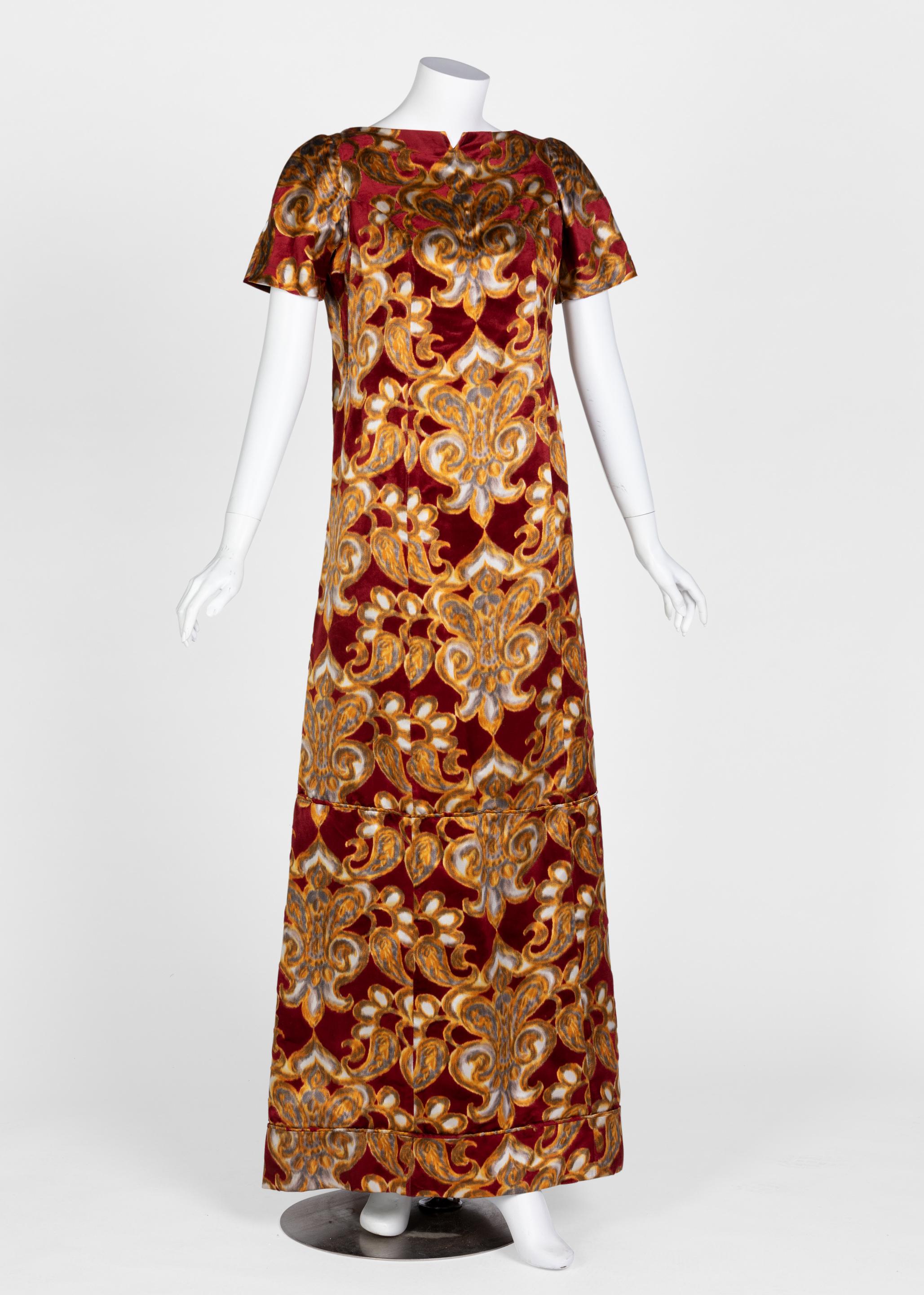Brown Galanos Couture Red Gold Velvet Fur Trimmed Coat & Dress Ensemble, 1982 For Sale