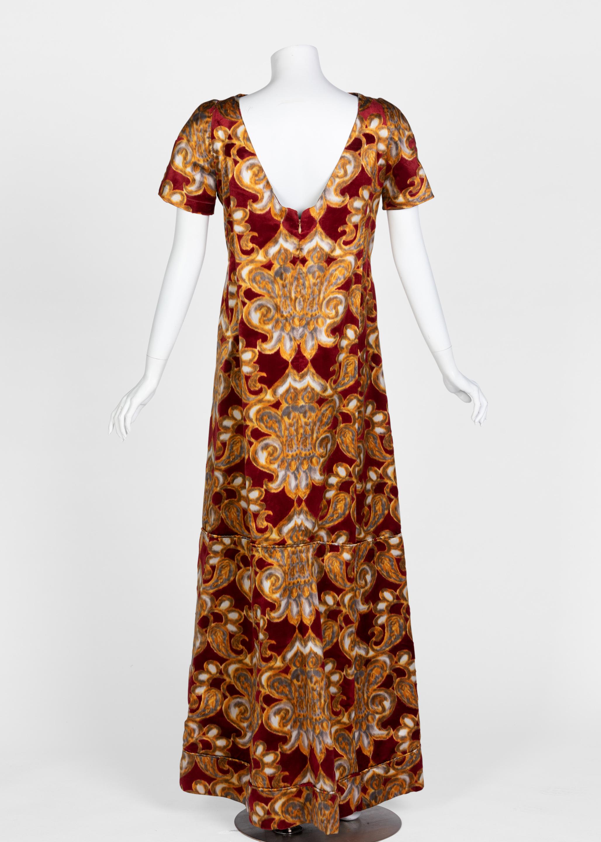 Women's or Men's Galanos Couture Red Gold Velvet Fur Trimmed Coat & Dress Ensemble, 1982 For Sale