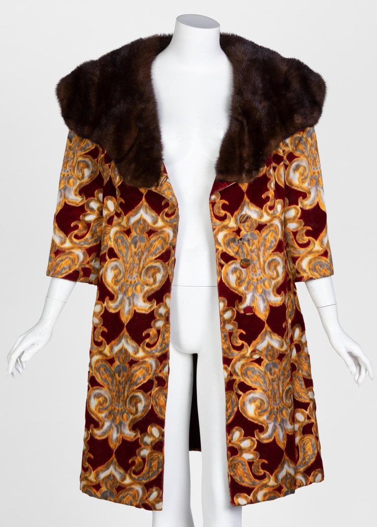 Galanos Couture Red Gold Velvet Fur Trimmed Coat and Dress Ensemble