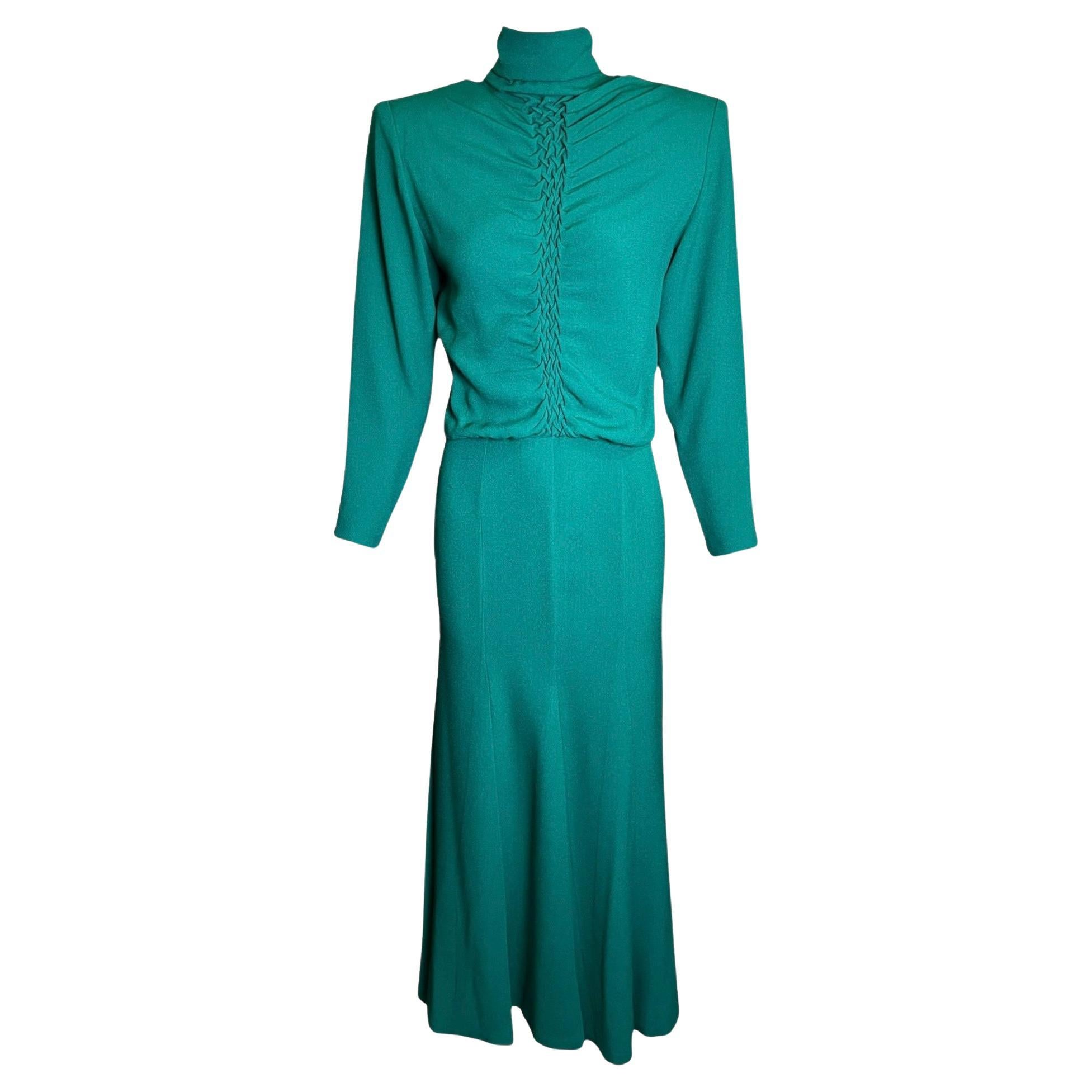 Galanos Smaragdgrünes Kleid mit gewebter Frontpartie, 1980er Jahre im Angebot