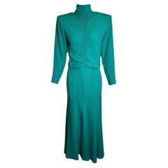 Galanos Emerald Green Gown W/ Woven Front Detail, 1980s