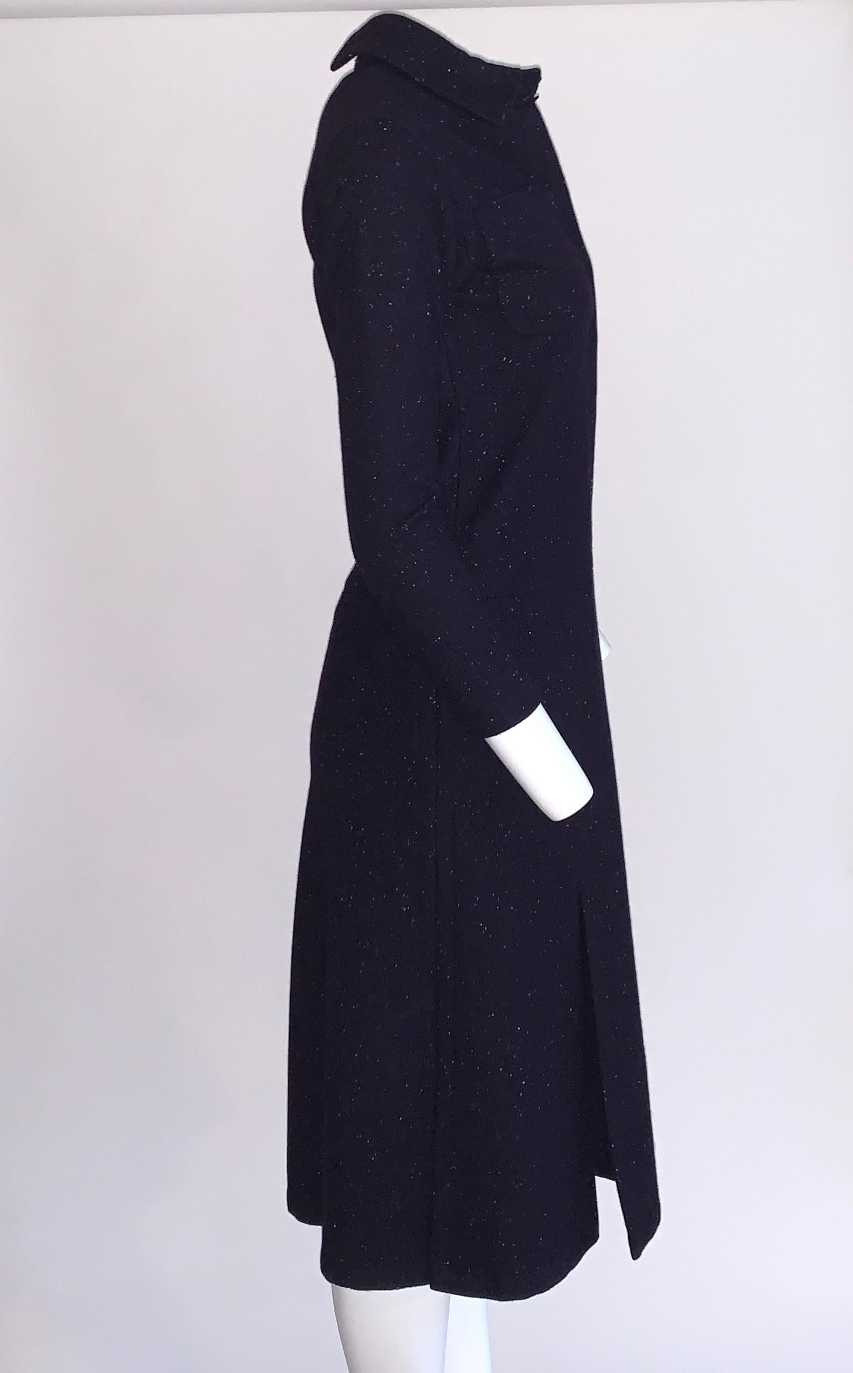 Galanos for Amelia Gray Vestido camisero moteado de lana azul de los años 60 con bolsillos Negro en venta