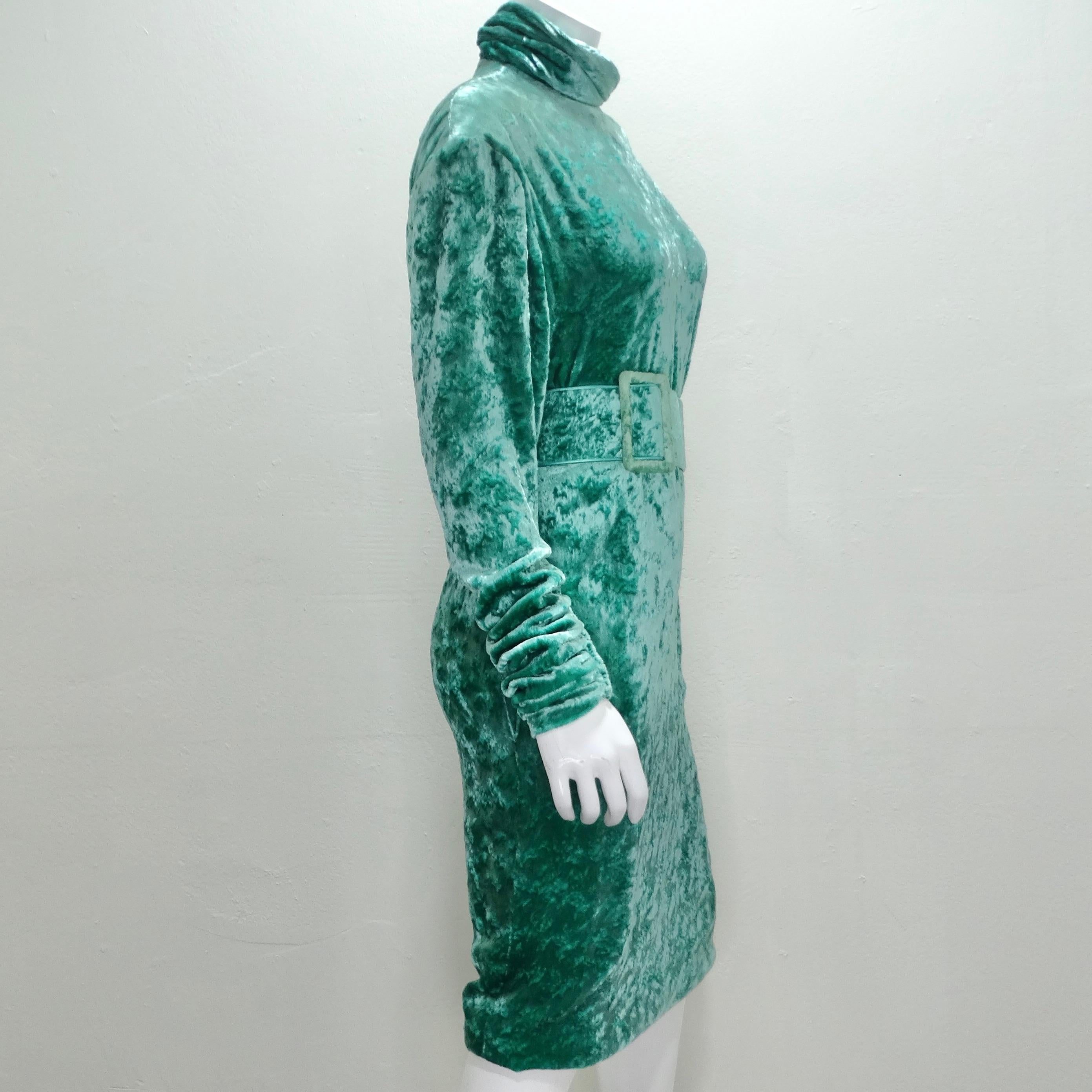 Galanos for Amen Wardy 1980s Green Velvet Belted Dress For Sale 1