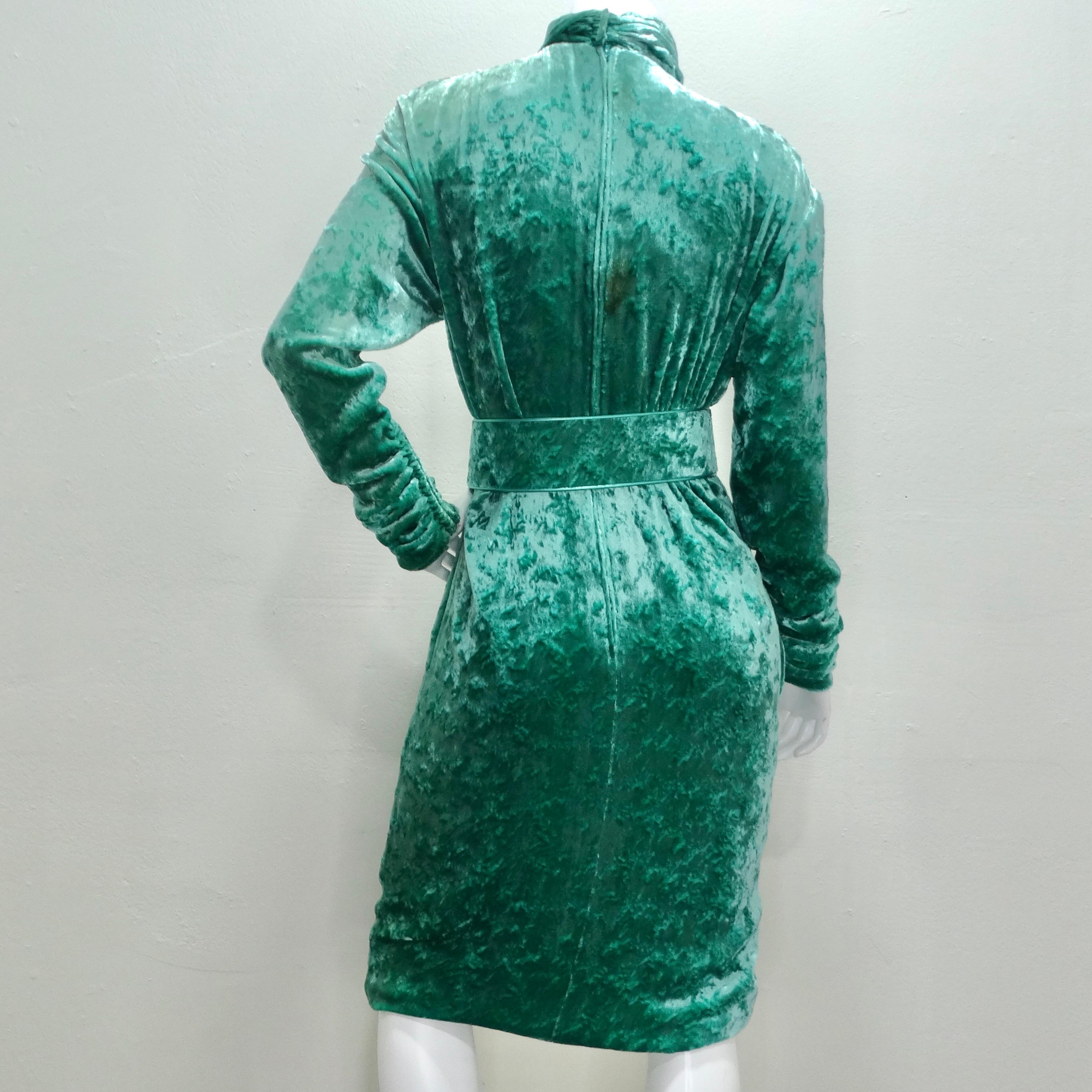 Galanos for Amen Wardy 1980s Green Velvet Belted Dress For Sale 2
