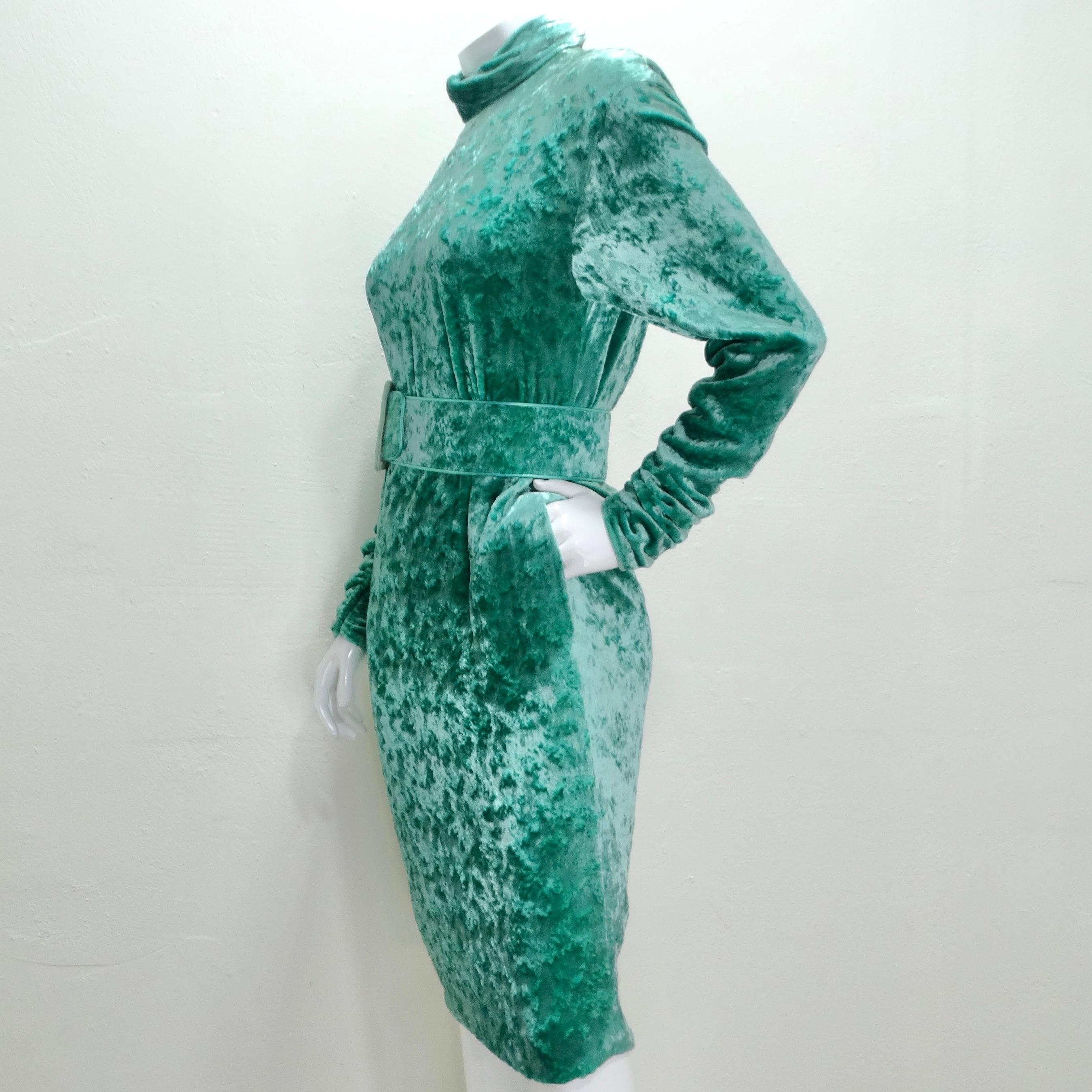 Galanos for Amen Wardy 1980s Green Velvet Belted Dress For Sale 3