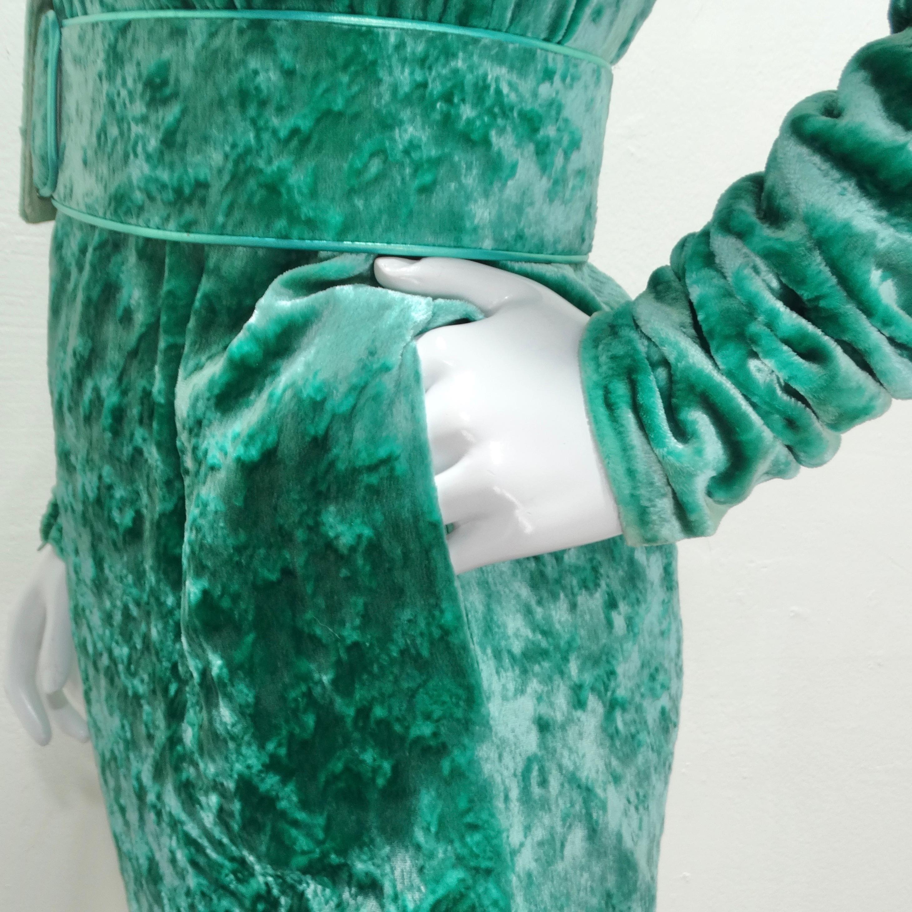 Galanos for Amen Wardy 1980s Green Velvet Belted Dress For Sale 4