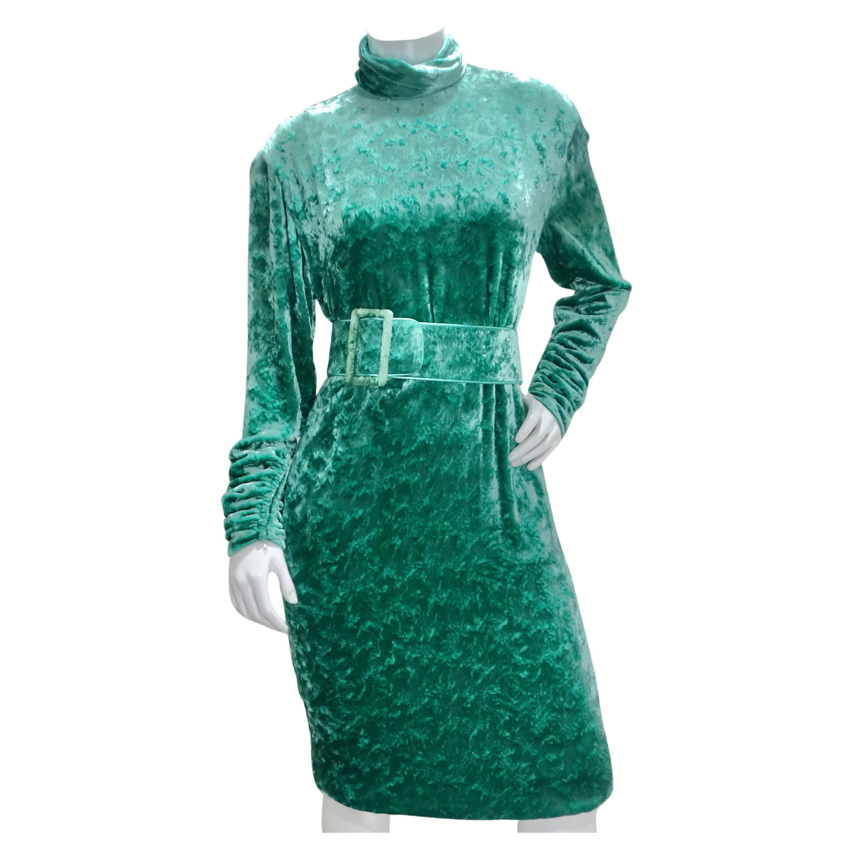 Galanos for Amen Wardy 1980s Green Velvet Belted Dress For Sale