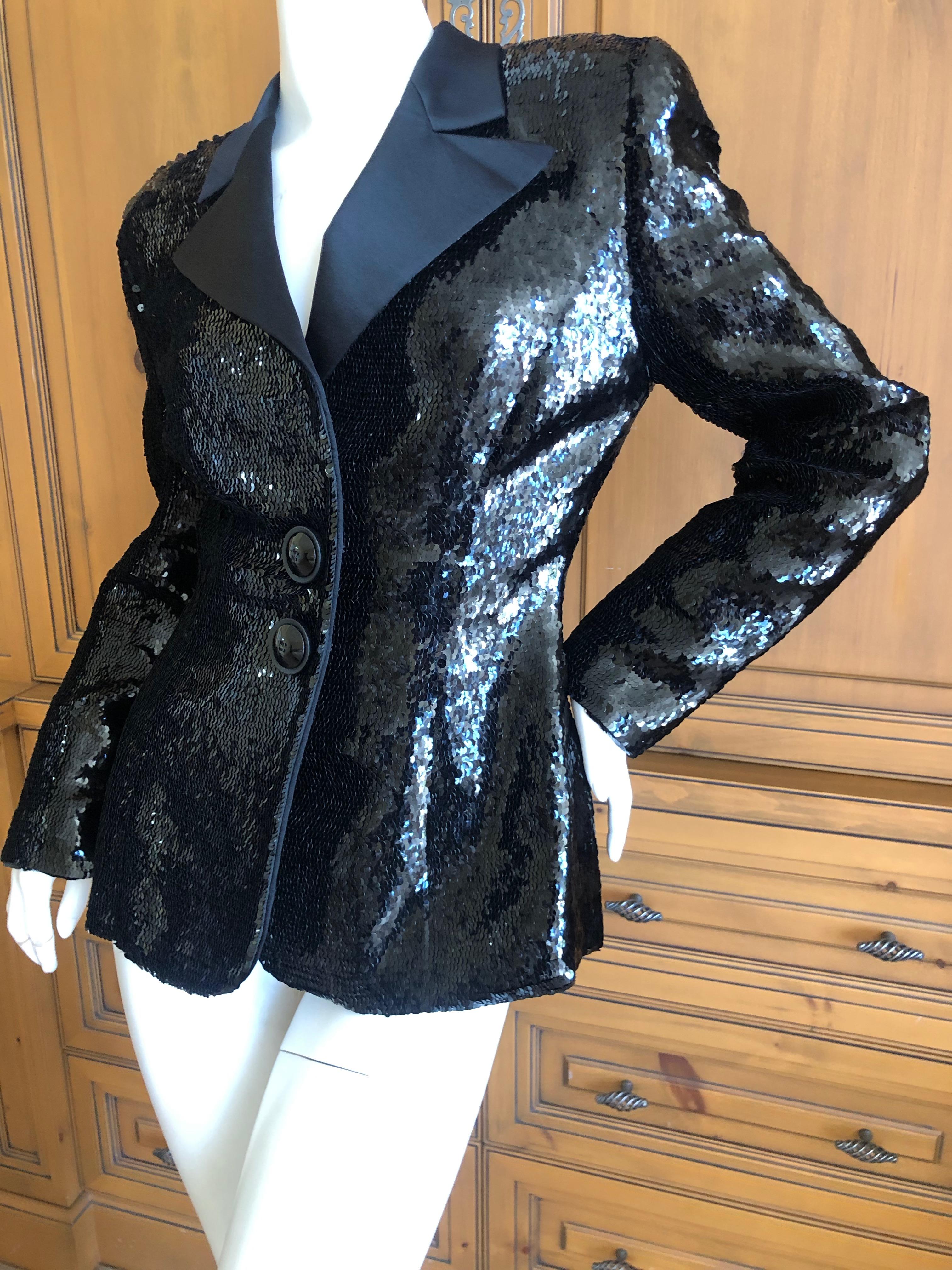 Women's Galanos for Bergdorf Goodman Classic Black Sequin Tuxedo Jacket w Satin Lapels  For Sale
