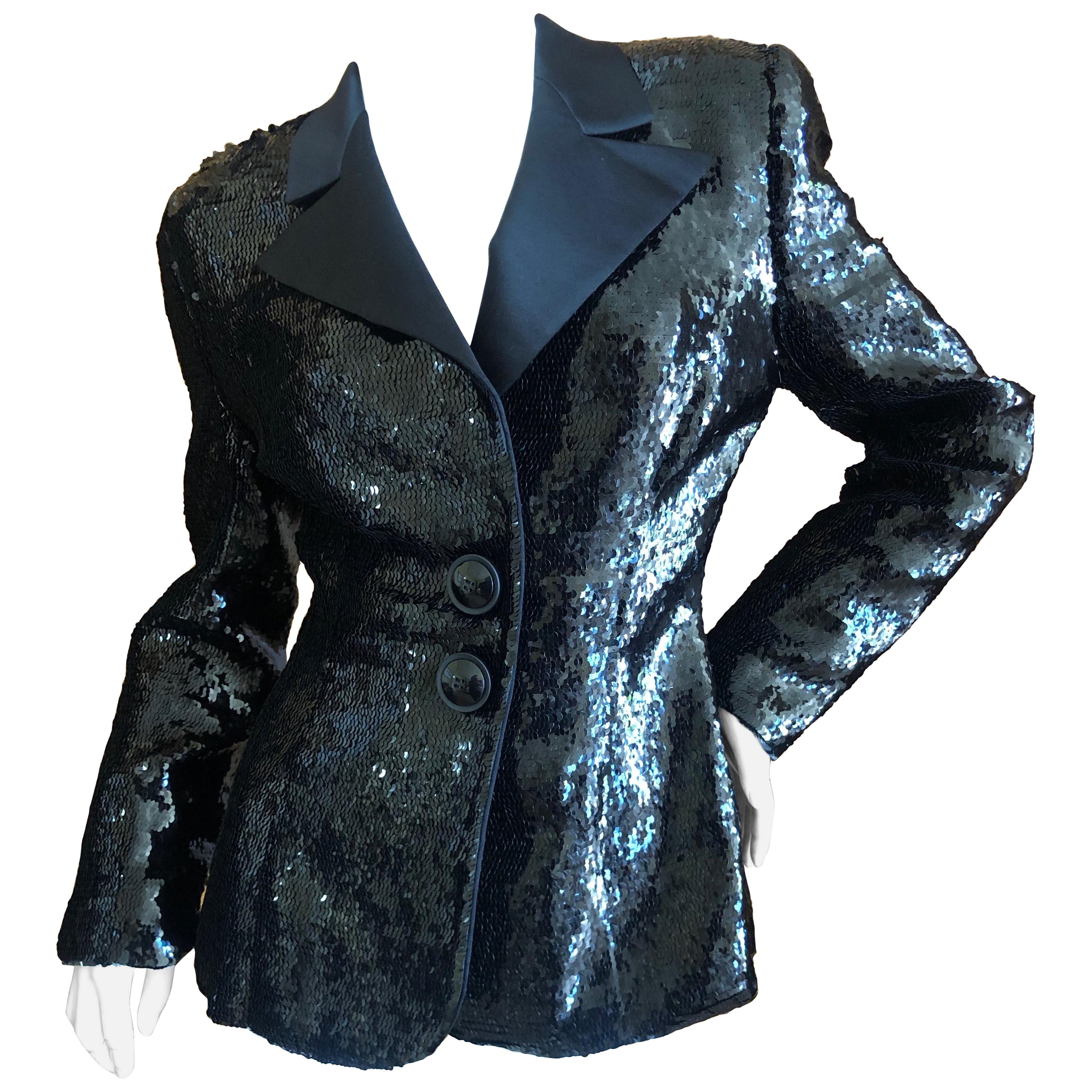 Galanos for Bergdorf Goodman Classic Black Sequin Tuxedo Jacket w Satin Lapels  For Sale