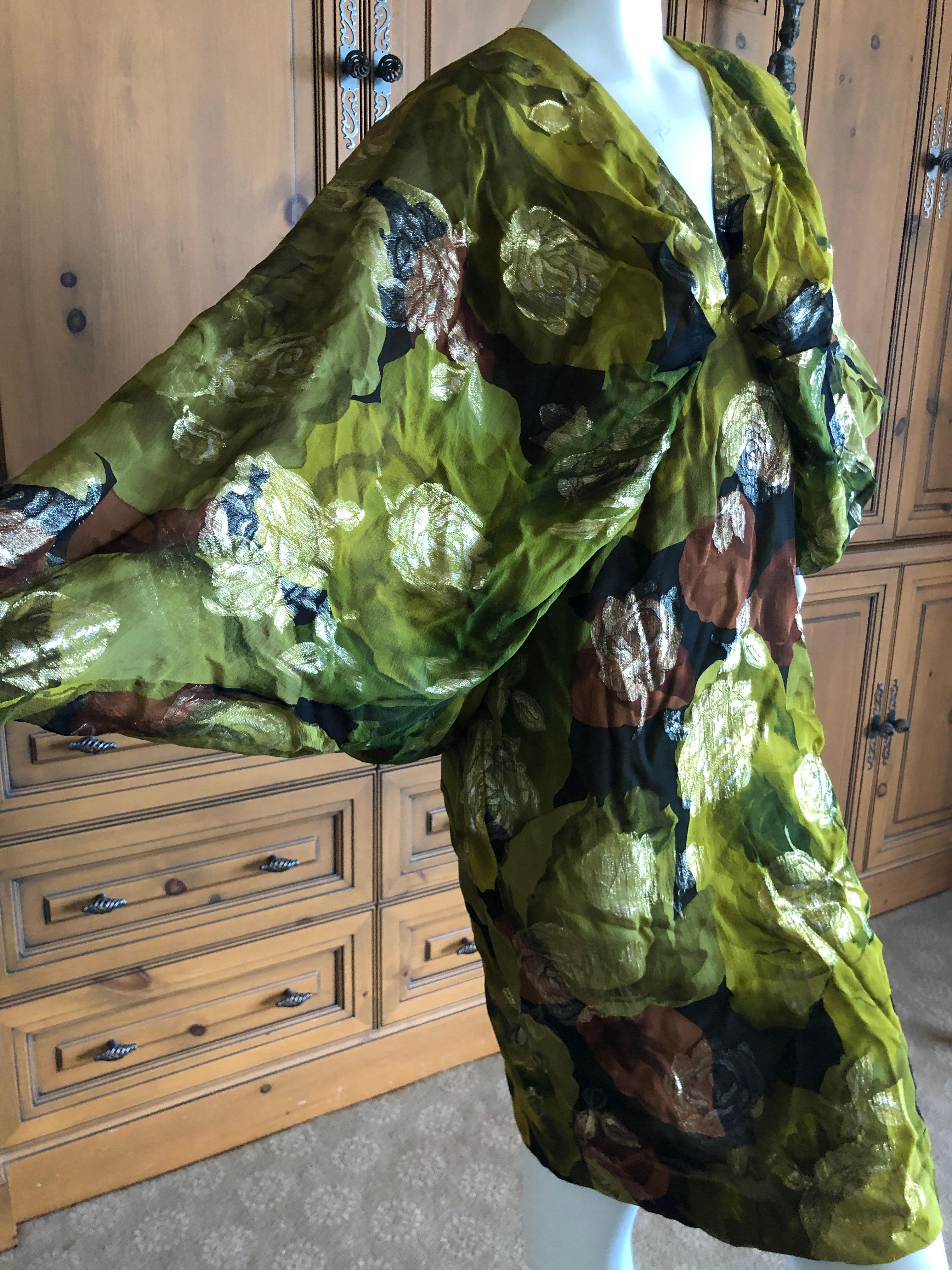 Black Galanos for I Magnin Green Silk Floral Cocktail Dress with Angel Wing Sleeves For Sale