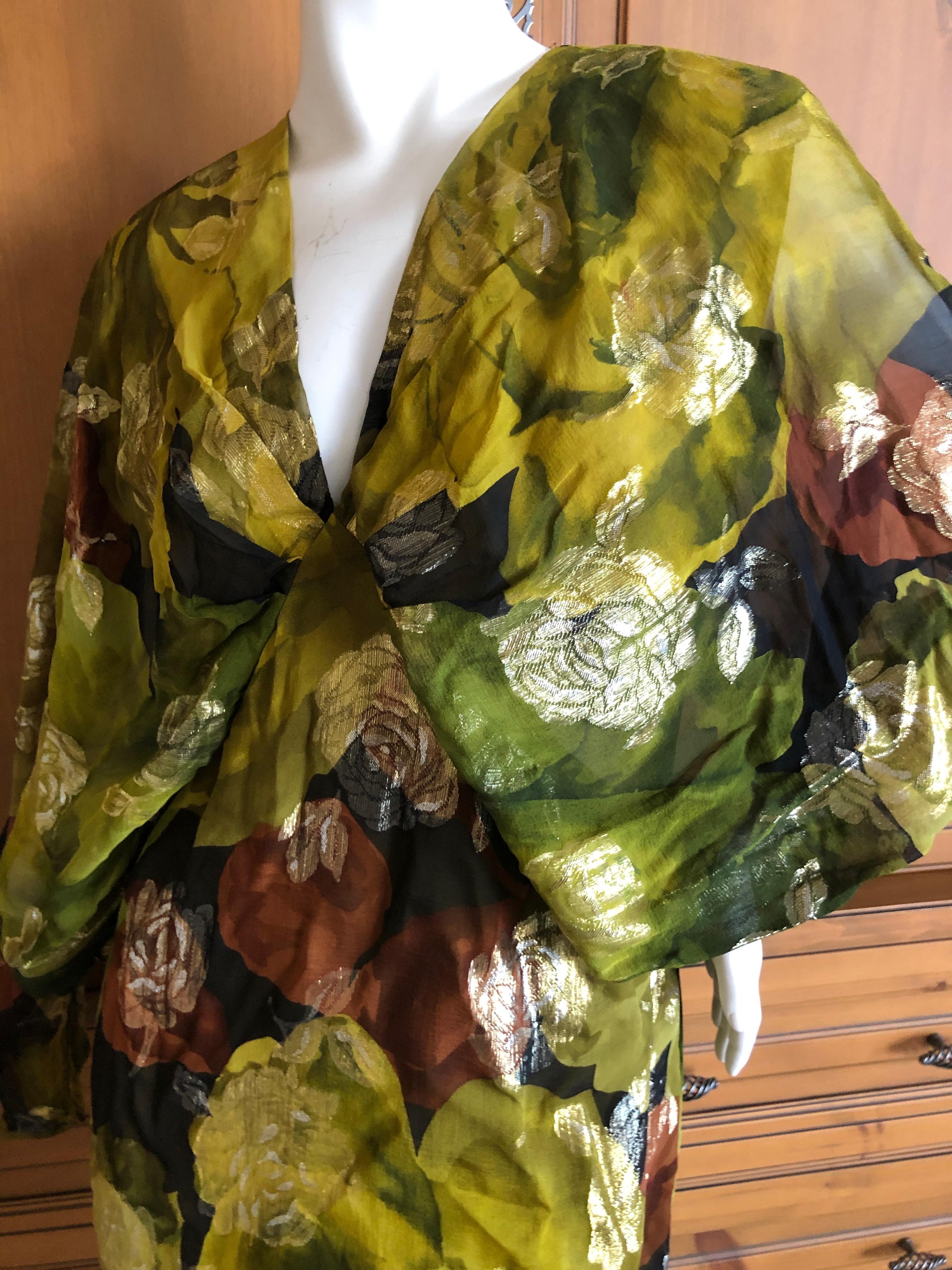 Galanos for I Magnin Green Silk Floral Cocktail Dress with Angel Wing Sleeves In Excellent Condition For Sale In Cloverdale, CA