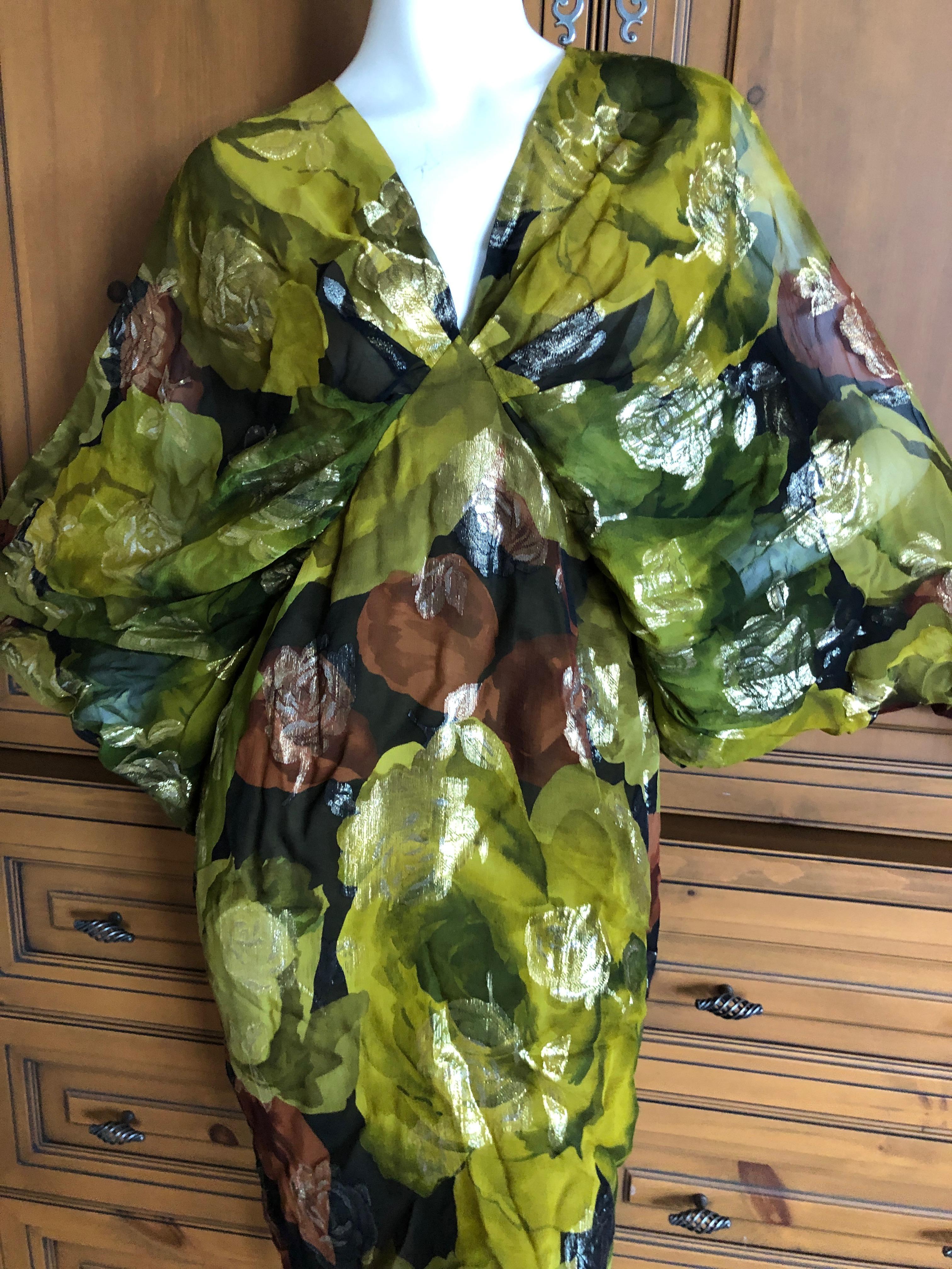 Women's Galanos for I Magnin Green Silk Floral Cocktail Dress with Angel Wing Sleeves For Sale