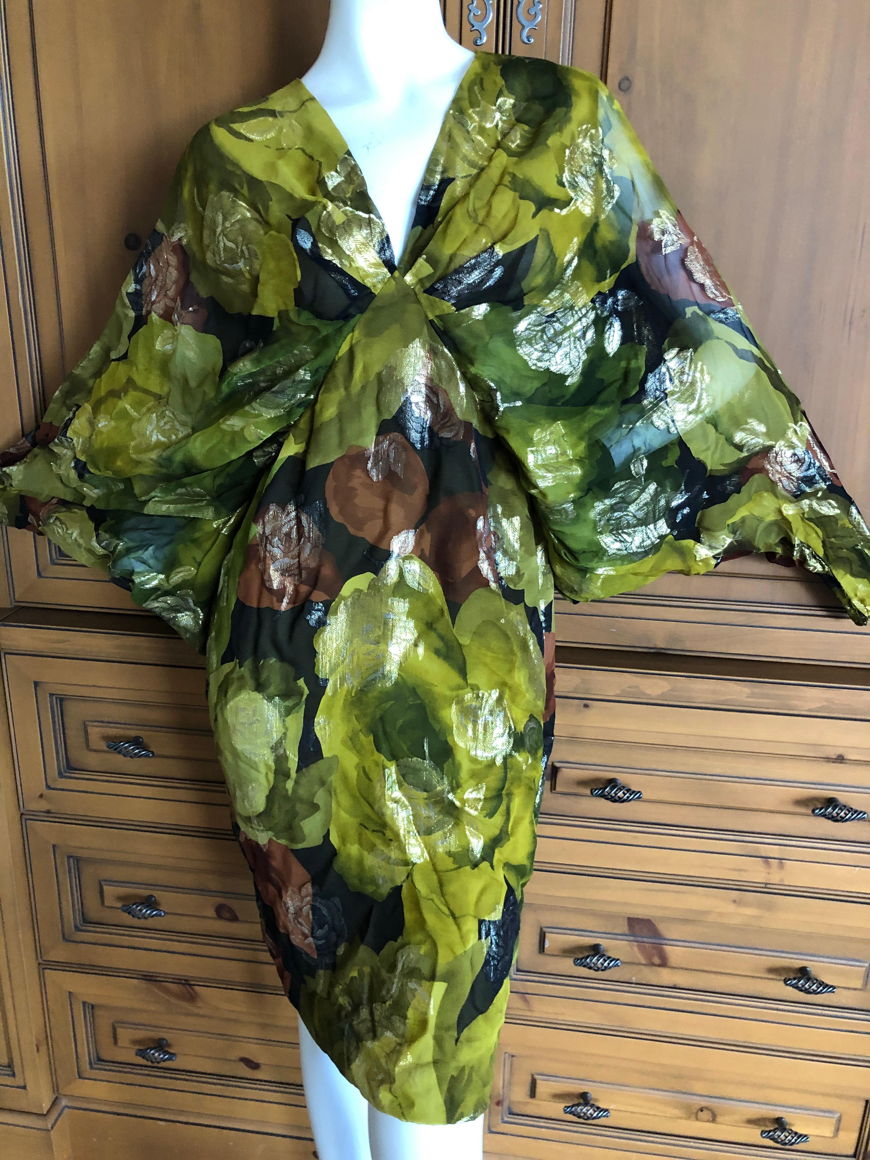 Galanos for I Magnin Green Silk Floral Cocktail Dress with Angel Wing Sleeves For Sale 1