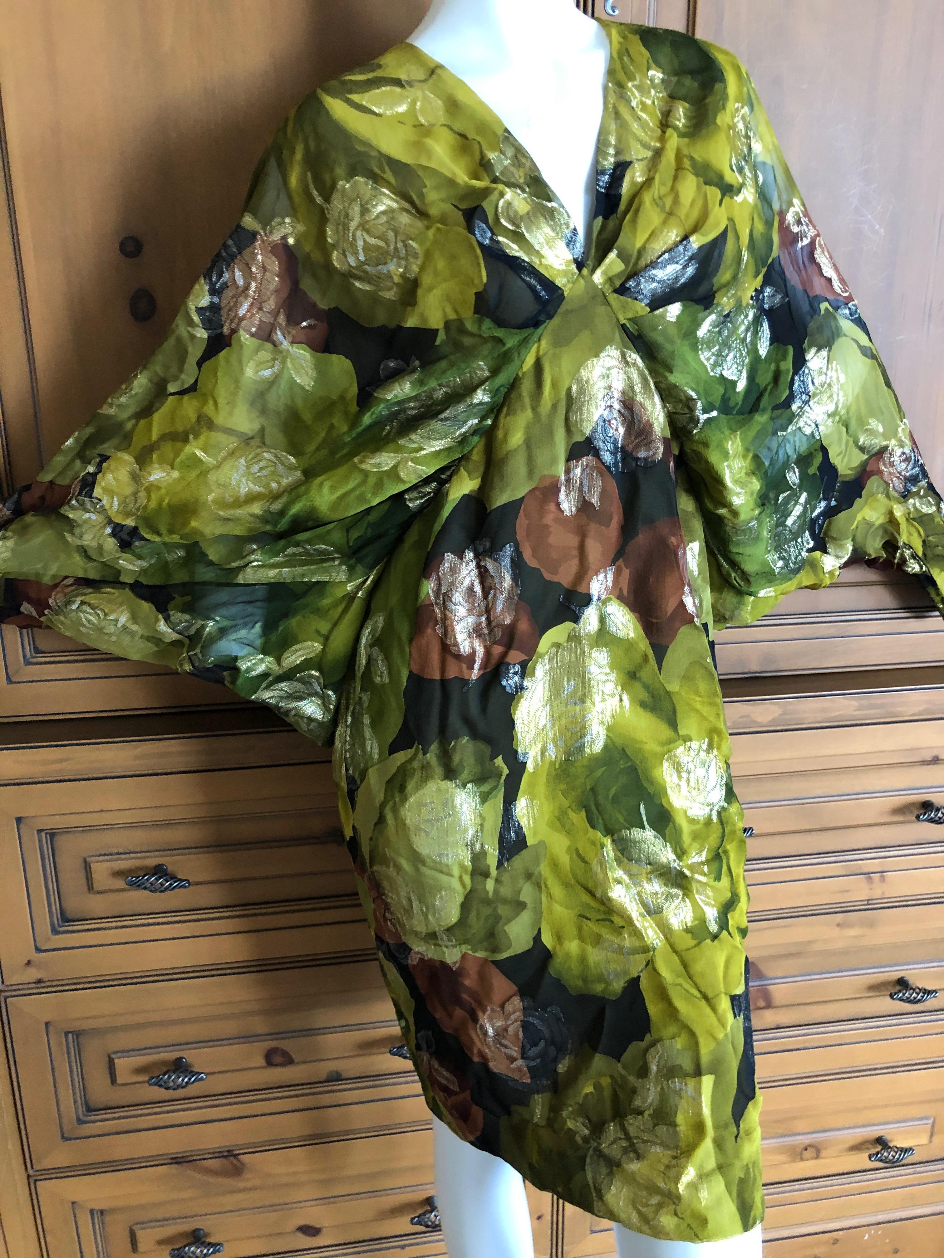 Galanos for I Magnin Green Silk Floral Cocktail Dress with Angel Wing Sleeves For Sale 2