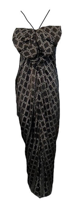 Galanos Gown Black and Gold Satin with Giant Bow Detail, 1970s