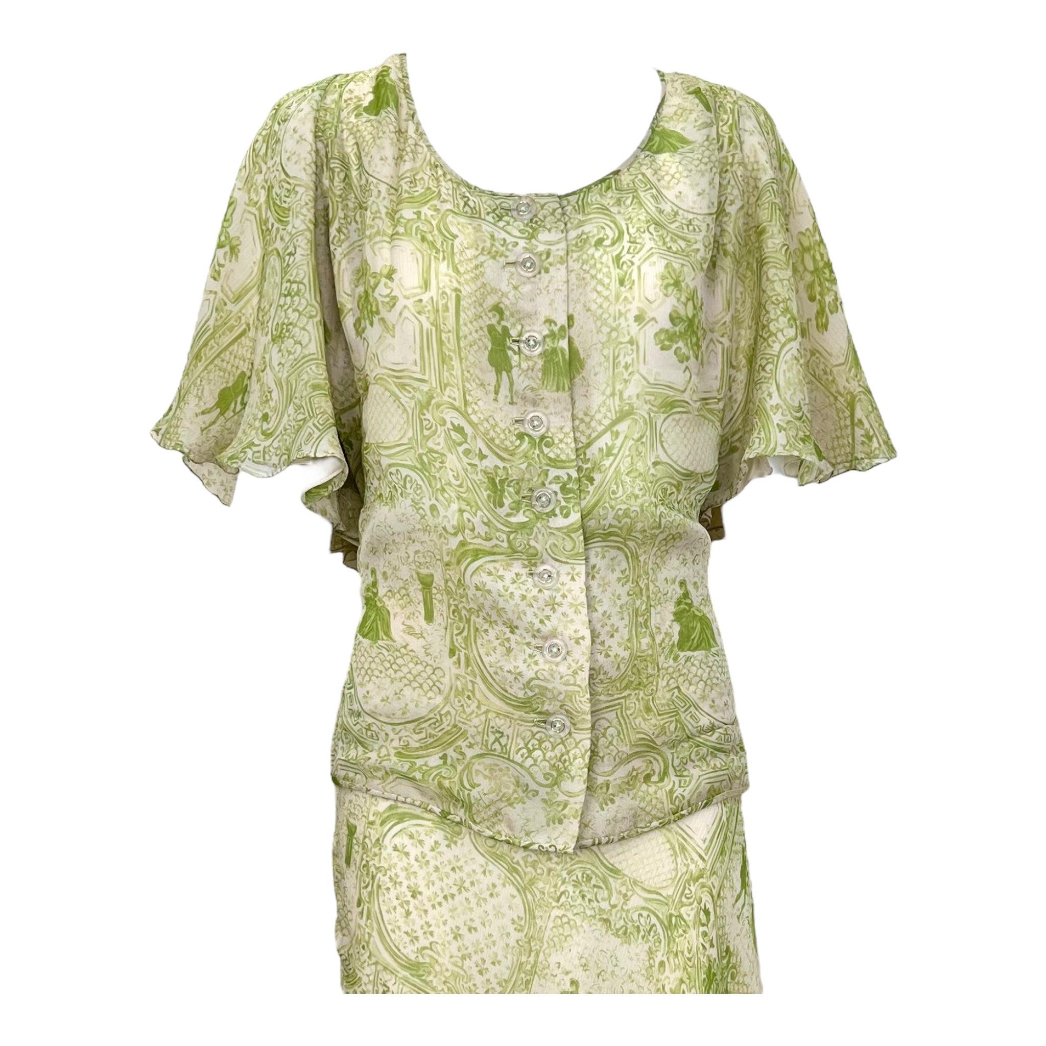 Galanos Grüner Chiffon Toile de Jouy Druck Dreiteiliges Ensemble, 1970er Jahre im Zustand „Neu“ im Angebot in Los Angeles, CA
