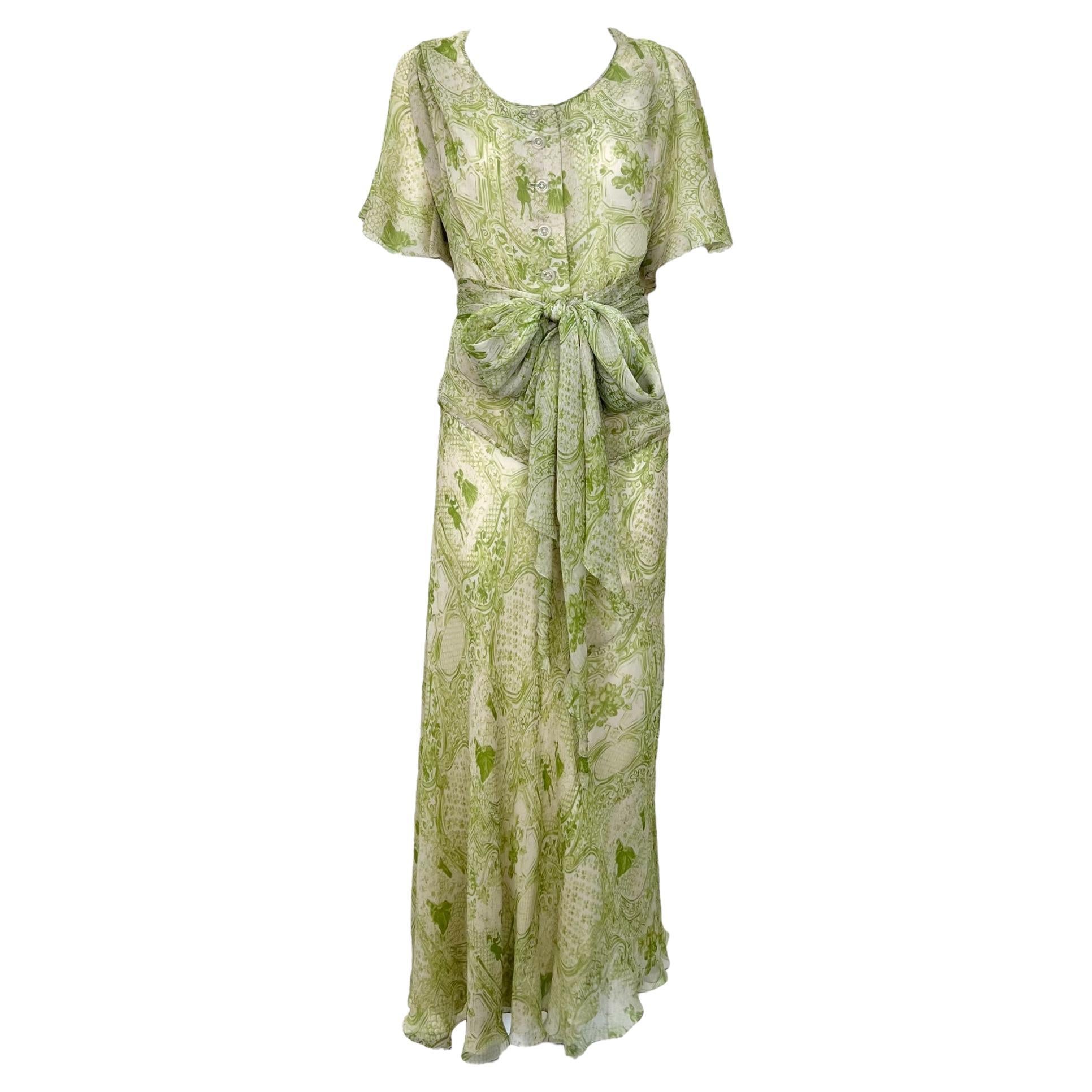Galanos Grüner Chiffon Toile de Jouy Druck Dreiteiliges Ensemble, 1970er Jahre im Angebot